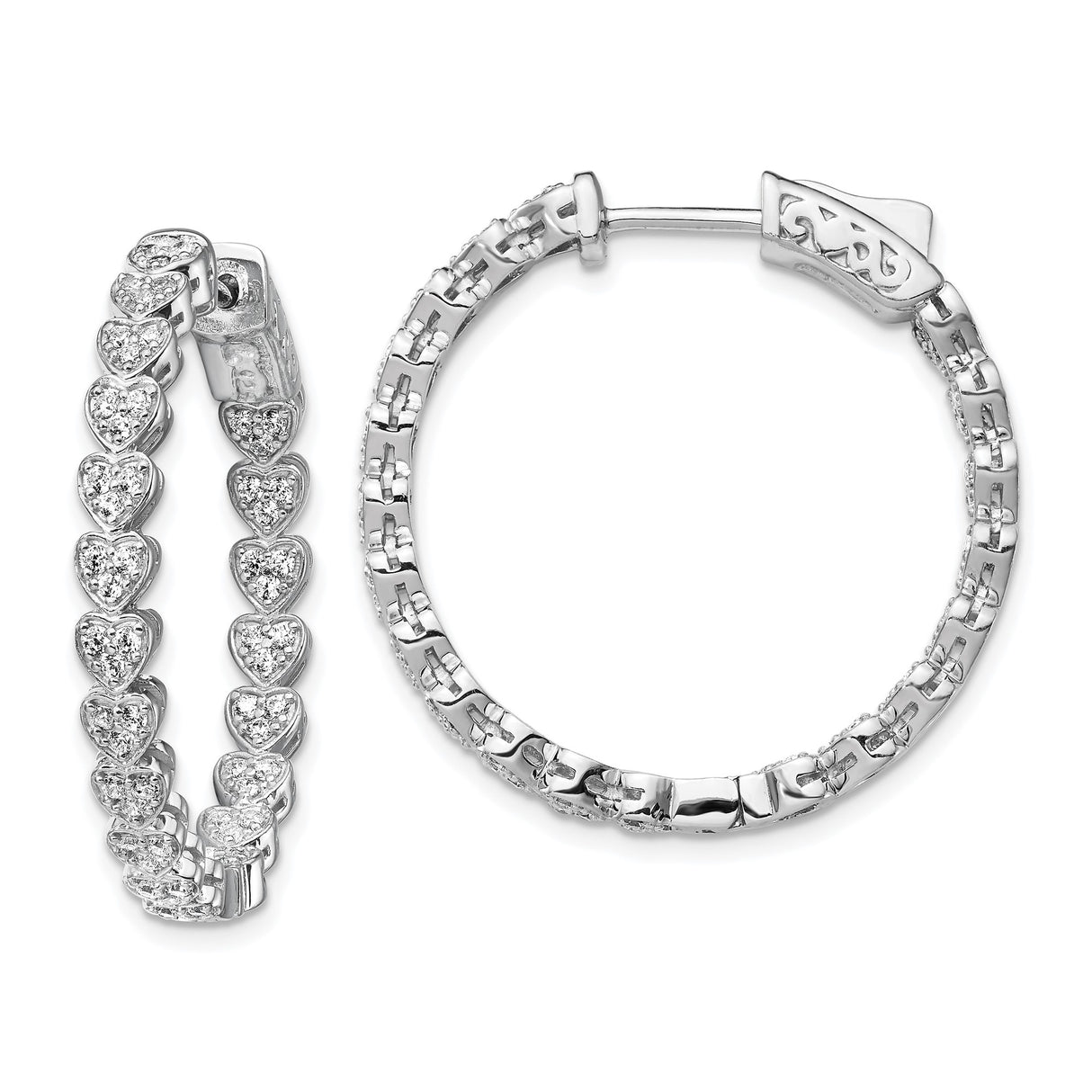 Sterling Silver Hoop Earrings with Cubic Zirconia, Heart Design, Polished Finish
