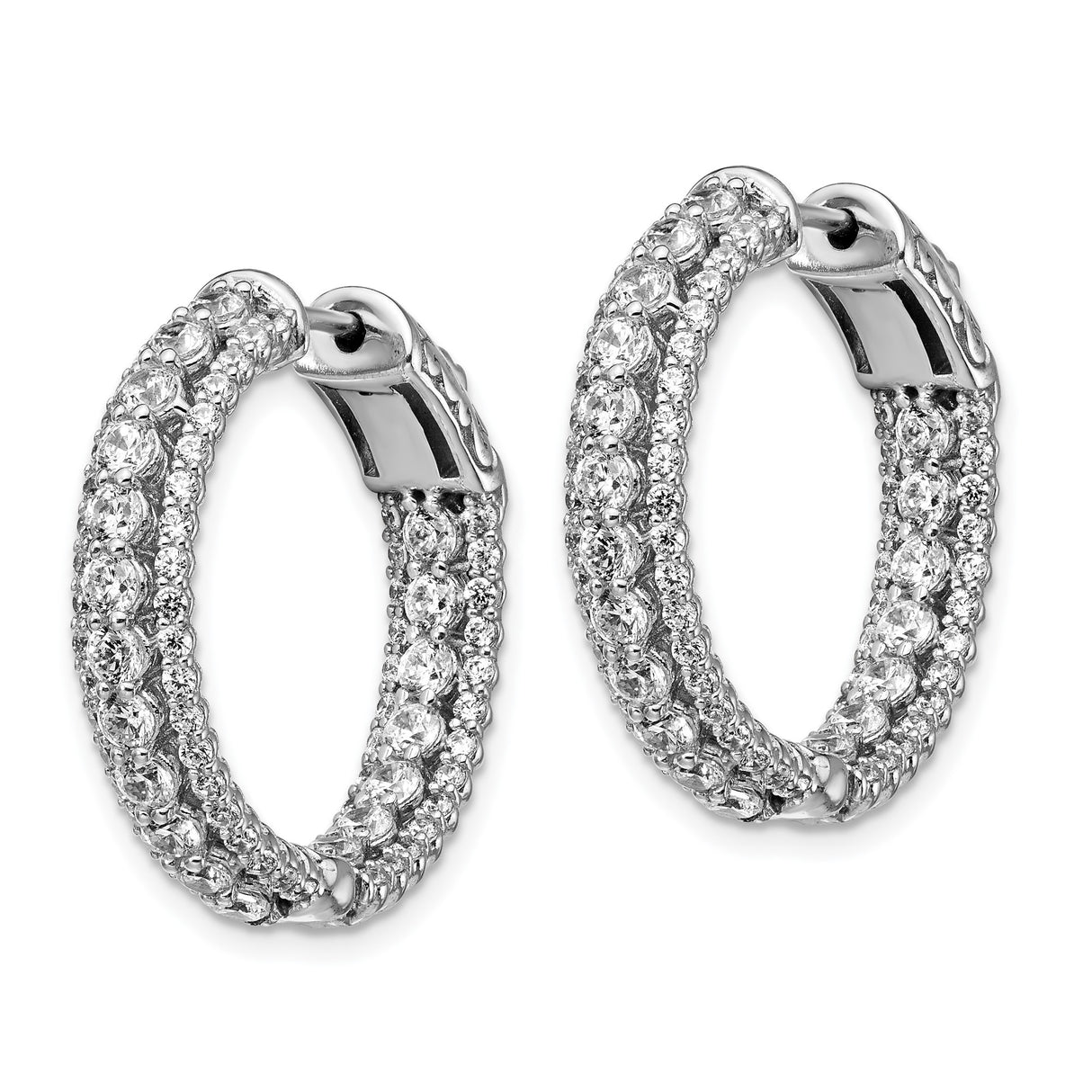 Sterling Silver Hoop Earrings with Triple Row Pave Cubic Zirconia, Latch Back Closure