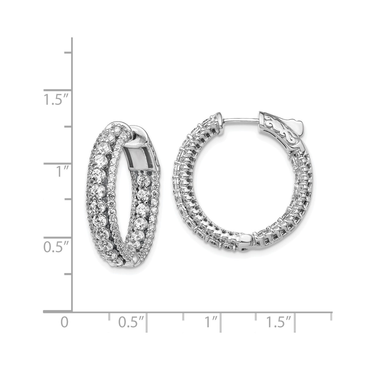Sterling Silver Hoop Earrings with Triple Row Pave Cubic Zirconia, Latch Back Closure