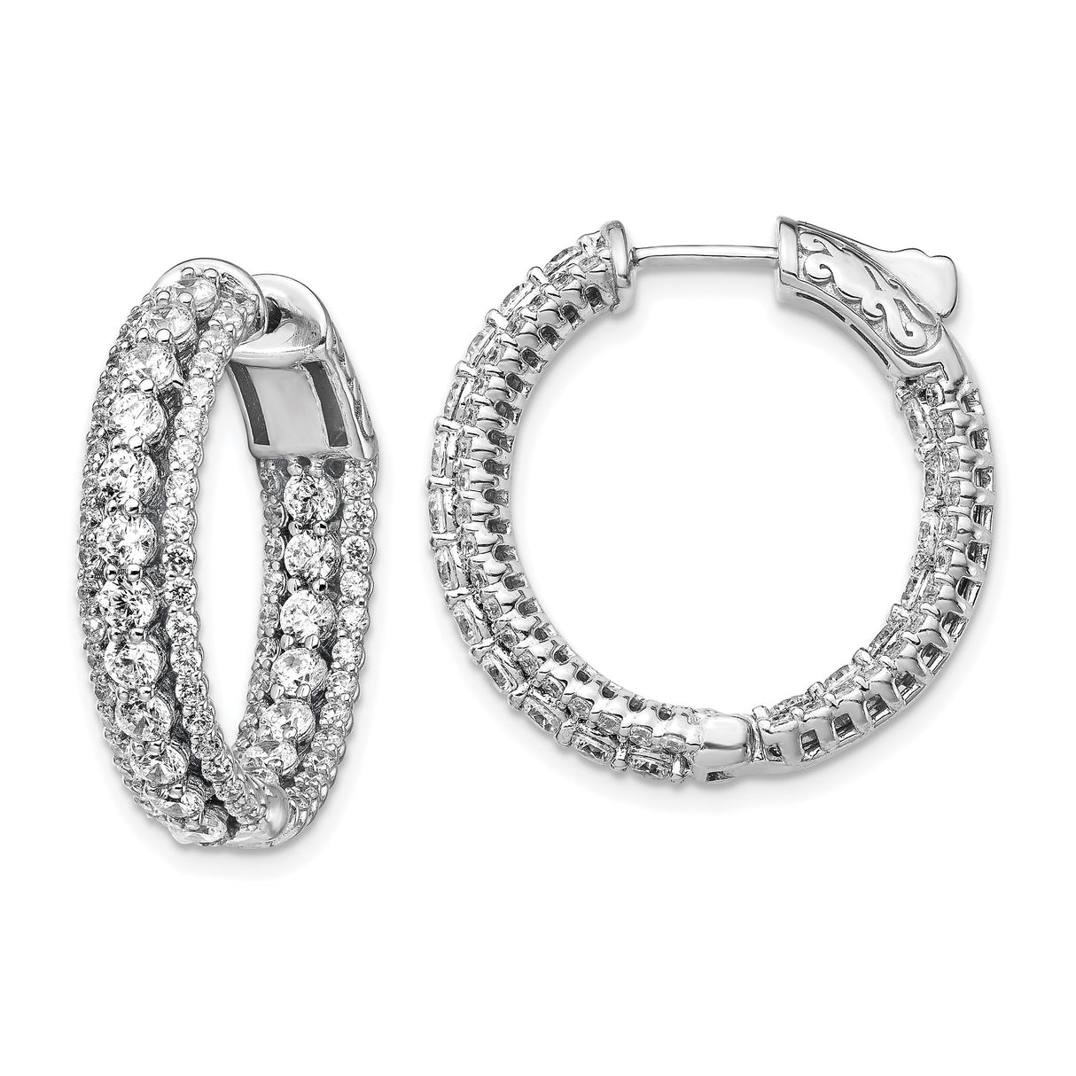 Sterling Silver Hoop Earrings with Triple Row Pave Cubic Zirconia, Latch Back Closure