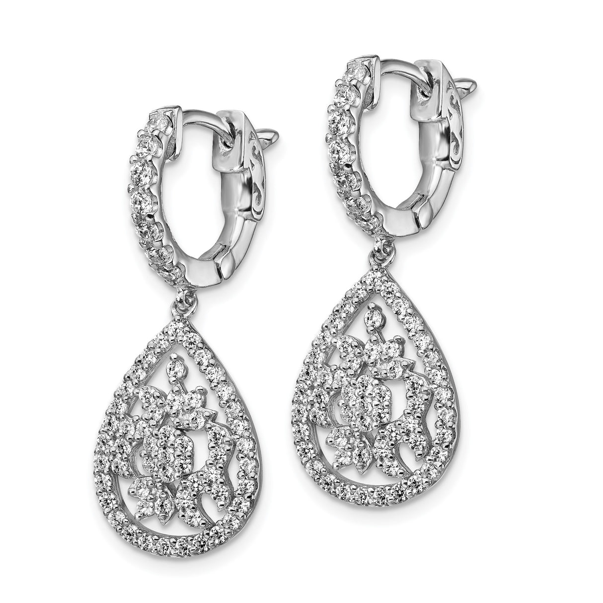 Sterling Silver Teardrop Dangle Earrings with Cubic Zirconia, Floral Filigree Design