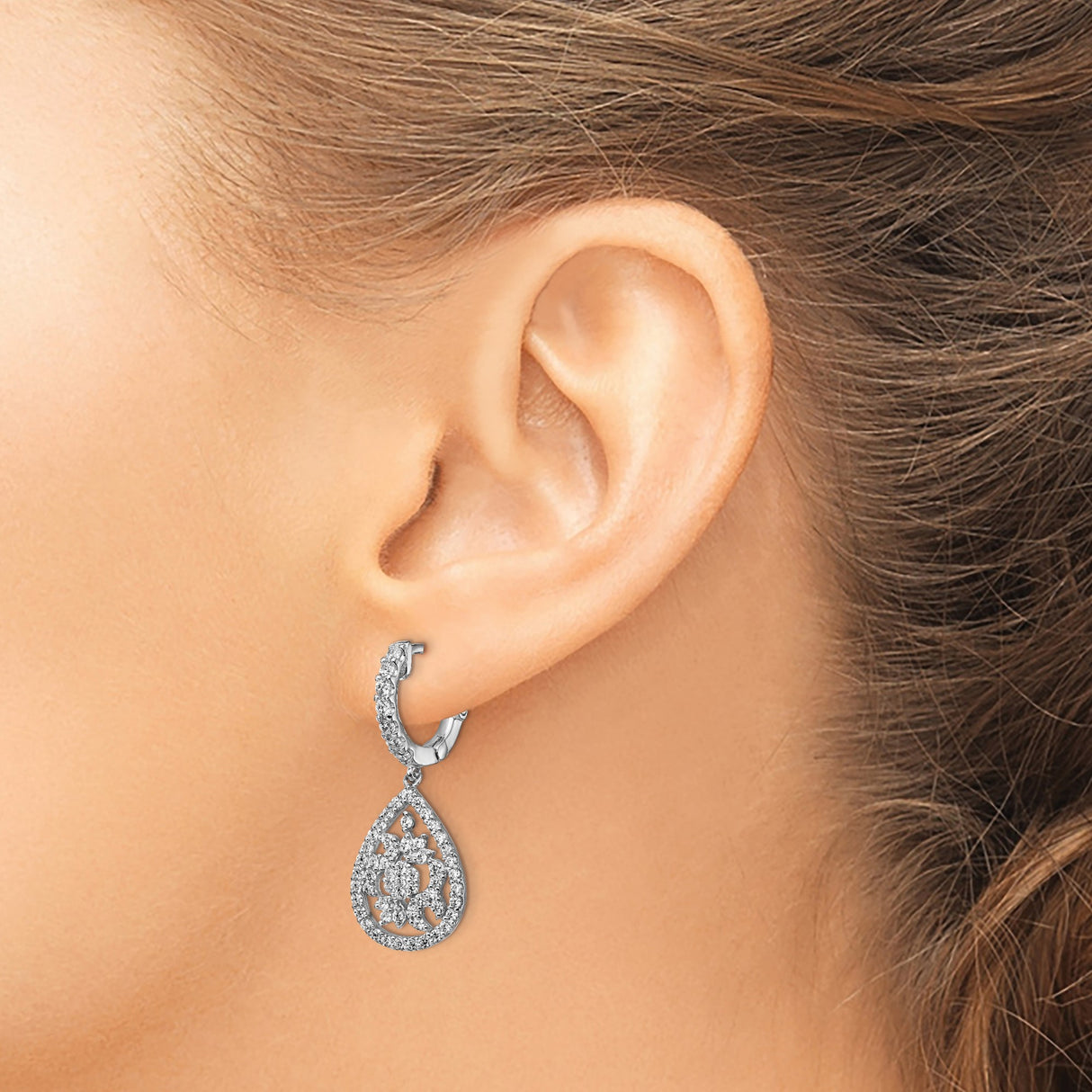 Sterling Silver Teardrop Dangle Earrings with Cubic Zirconia, Floral Filigree Design