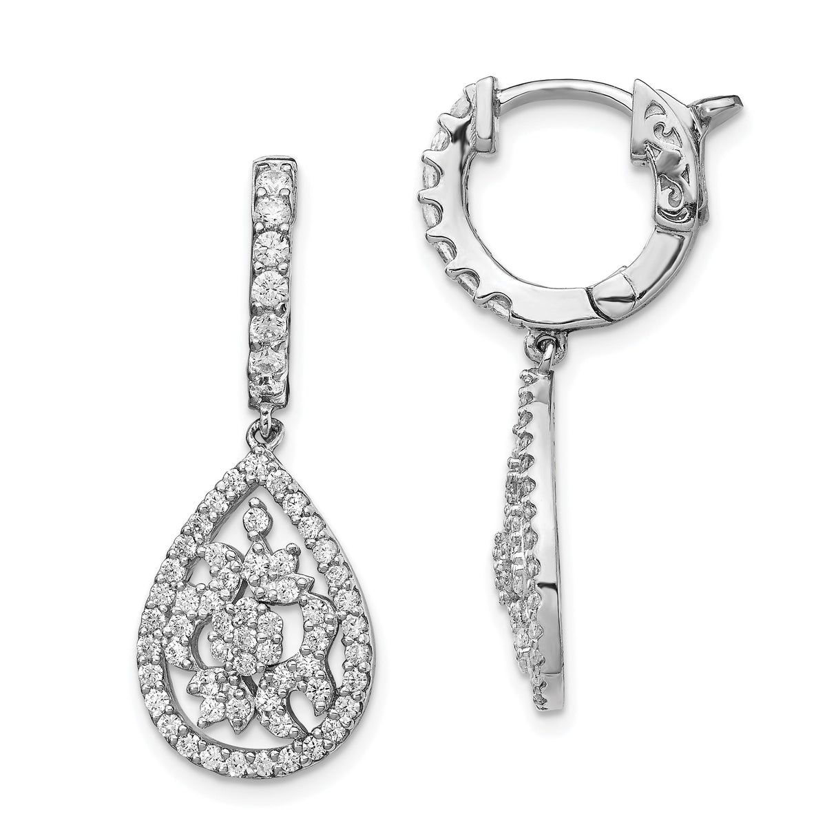 Sterling Silver Teardrop Dangle Earrings with Cubic Zirconia, Floral Filigree Design