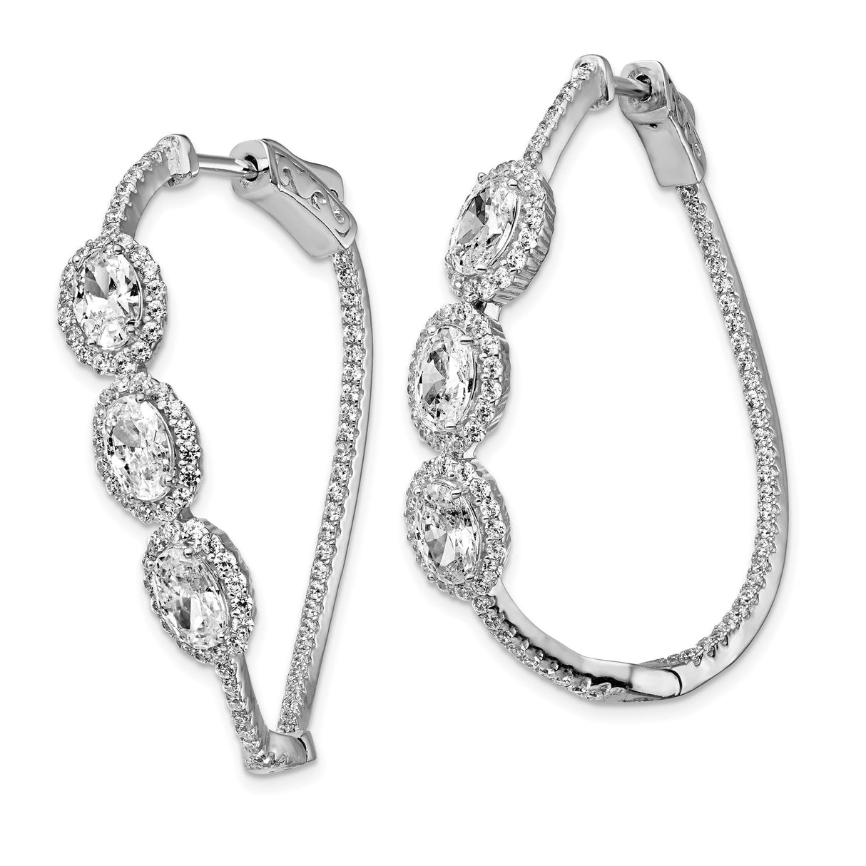 Sterling Silver Oval Hoop Earrings with Cubic Zirconia and Pavé Halo Accents