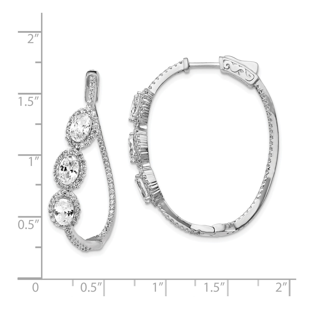 Sterling Silver Oval Hoop Earrings with Cubic Zirconia and Pavé Halo Accents