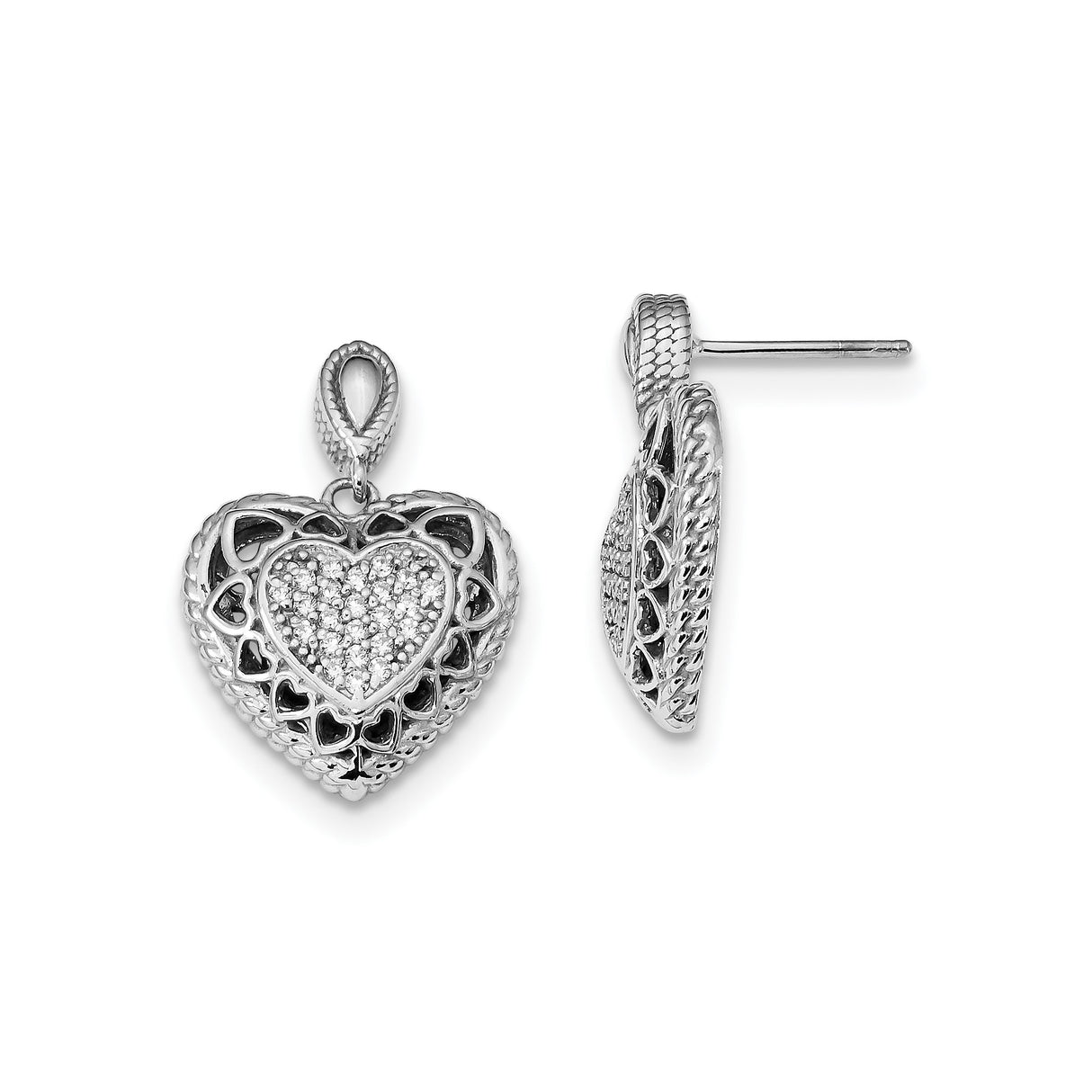 Sterling Silver Heart Dangle Earrings with Cubic Zirconia and Filigree Design