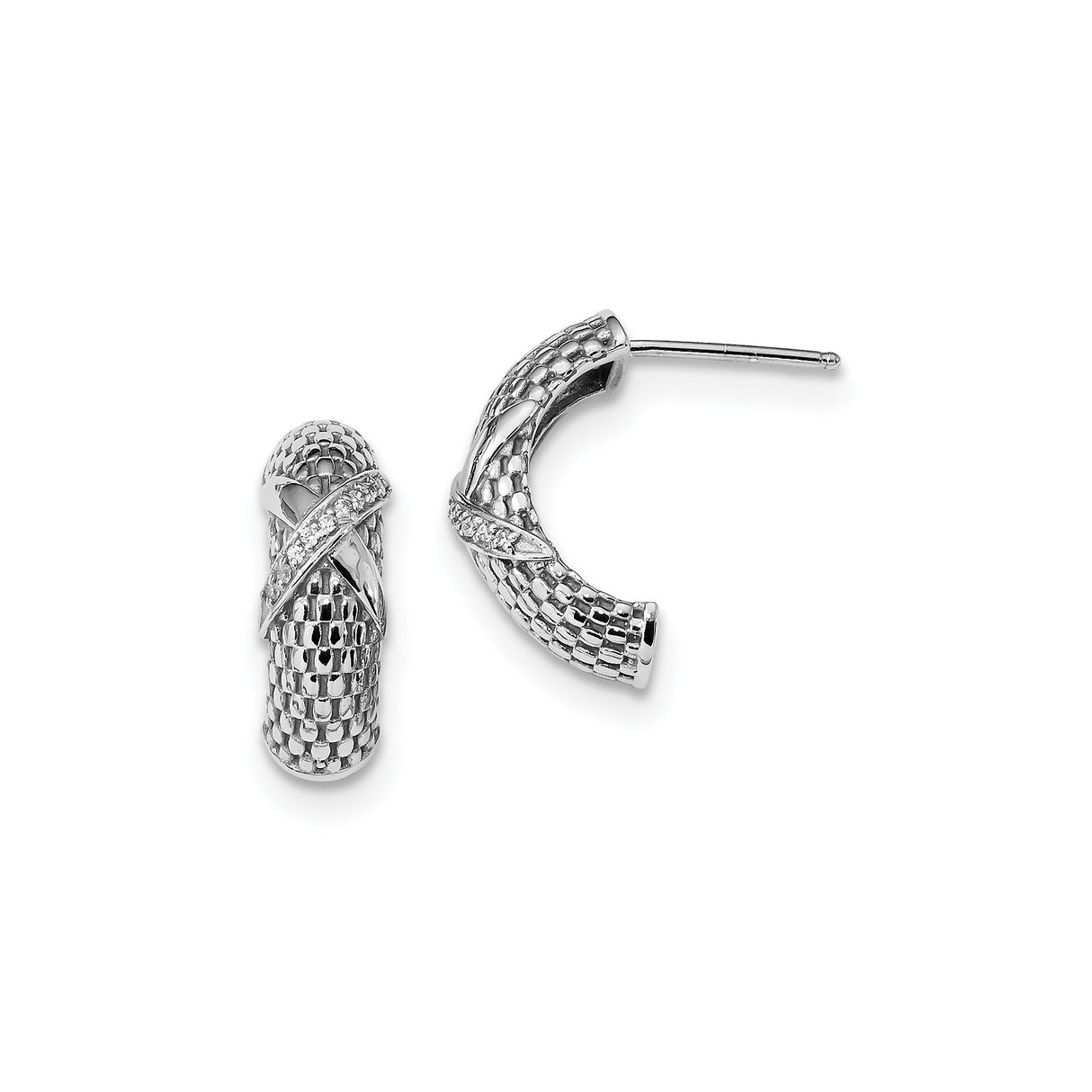 Sterling Silver Hoop Earrings with Cubic Zirconia, Woven Crisscross Design, Polished Finish