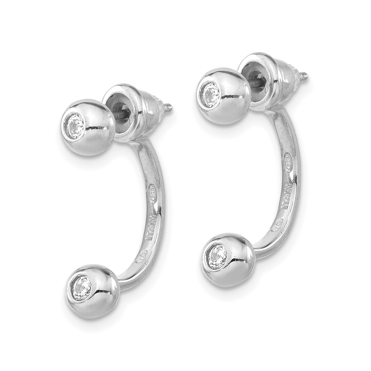 Sterling Silver Barbell Stud Earrings with Cubic Zirconia, Modern Minimalist Front Back Design