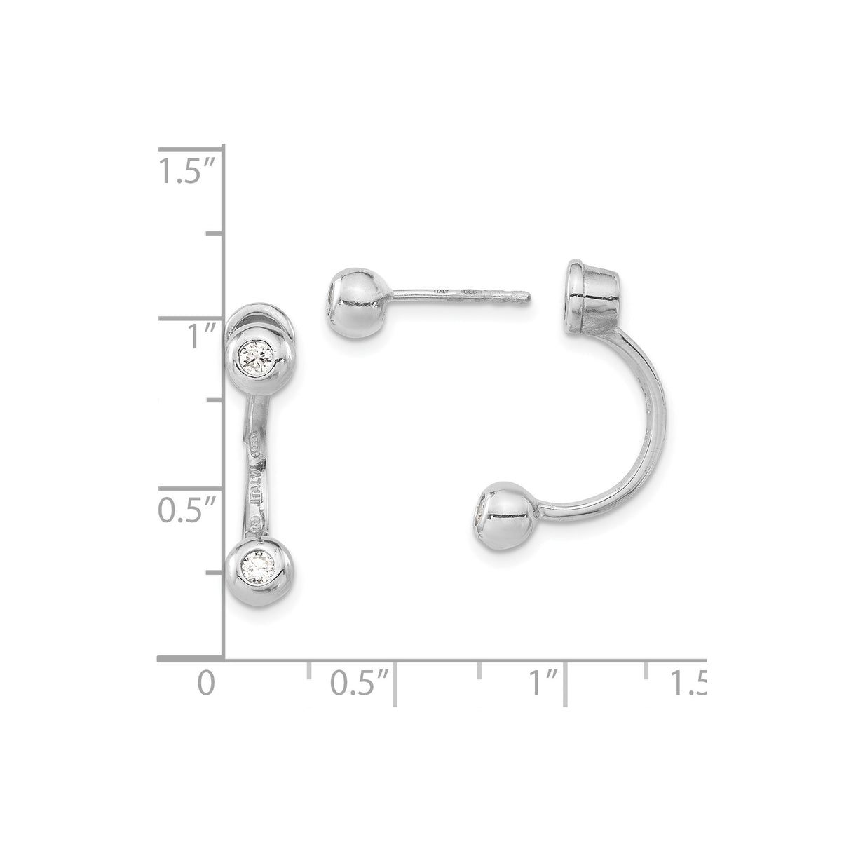 Sterling Silver Barbell Stud Earrings with Cubic Zirconia, Modern Minimalist Front Back Design