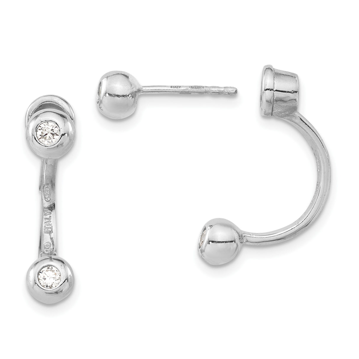 Sterling Silver Barbell Stud Earrings with Cubic Zirconia, Modern Minimalist Front Back Design