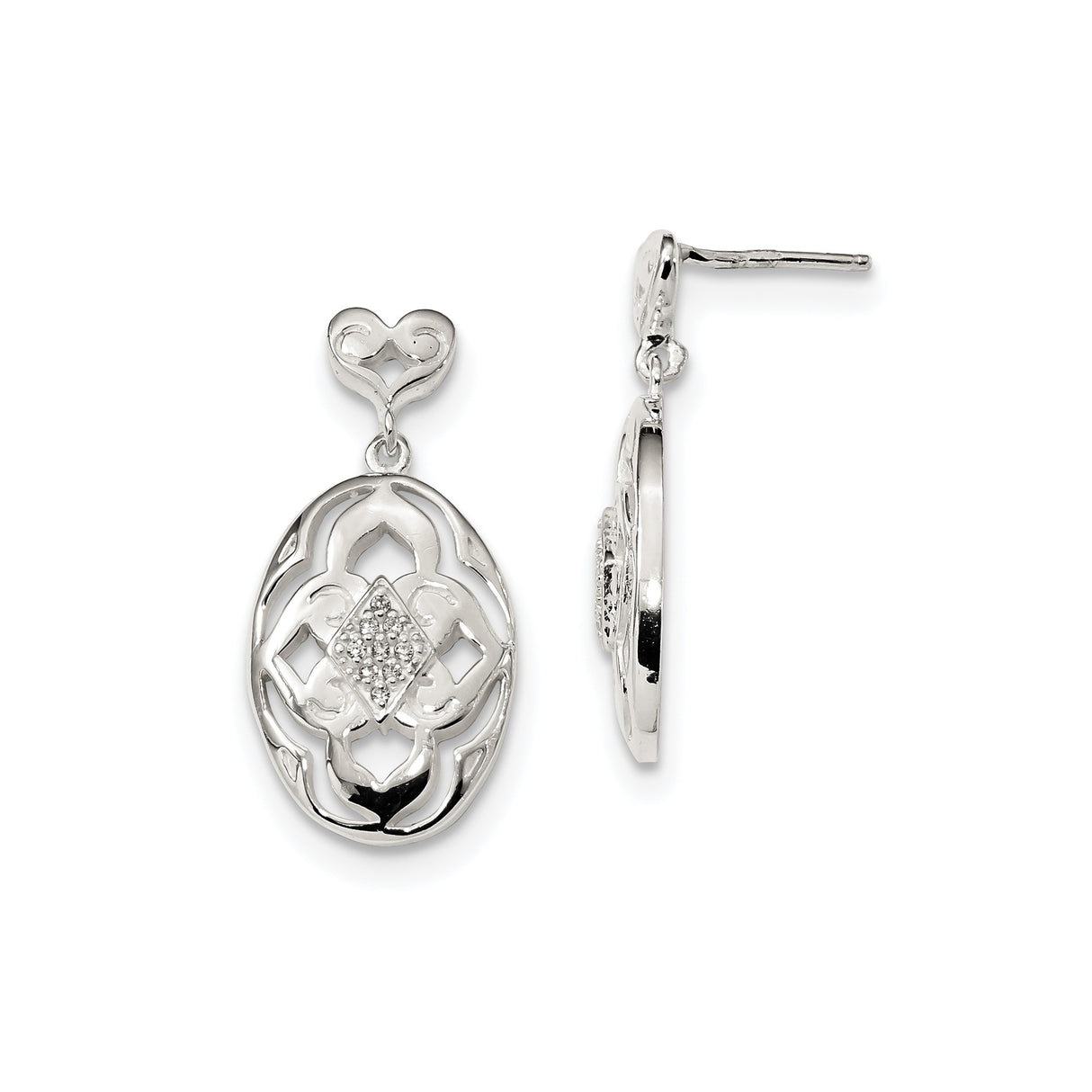 Sterling Silver Dangle Earrings with Cubic Zirconia, Heart Studs and Openwork Filigree Design