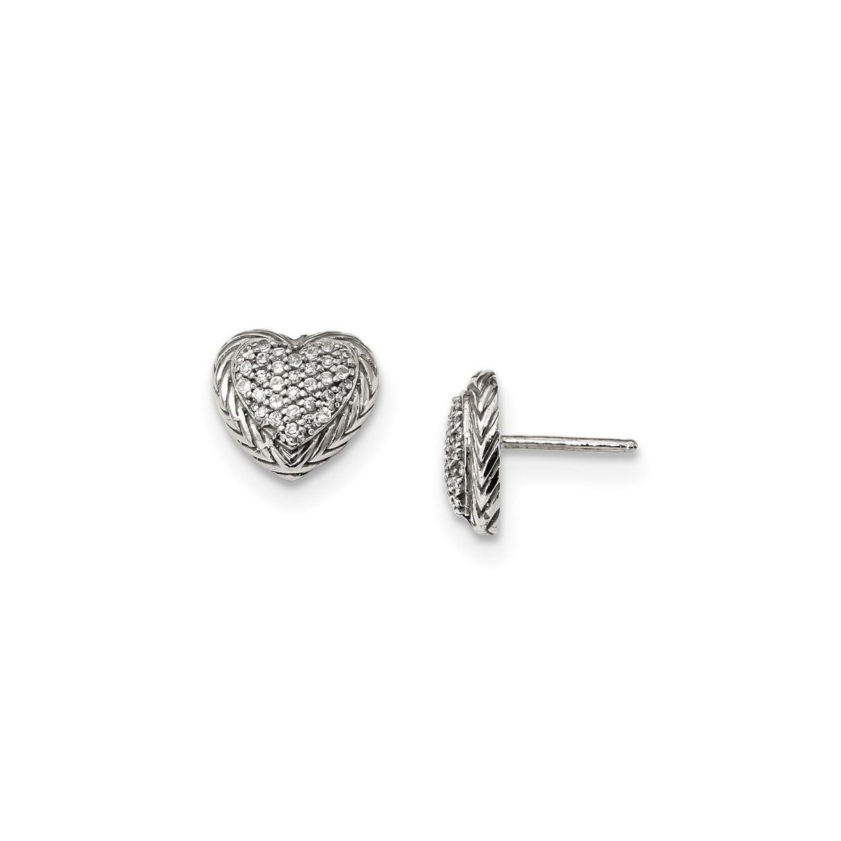 Sterling Silver Heart Stud Earrings with Pavé Cubic Zirconia and Textured Border