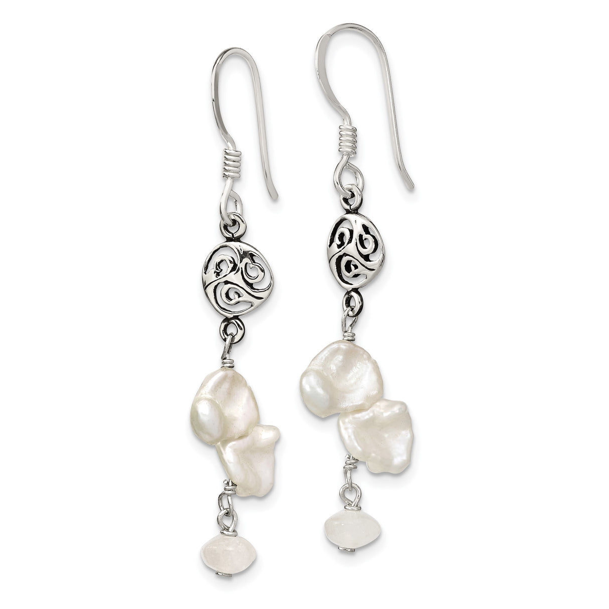 Sterling Silver Dangle Earrings with Freshwater Pearls, Celtic Triskelion Drop Design for Women
