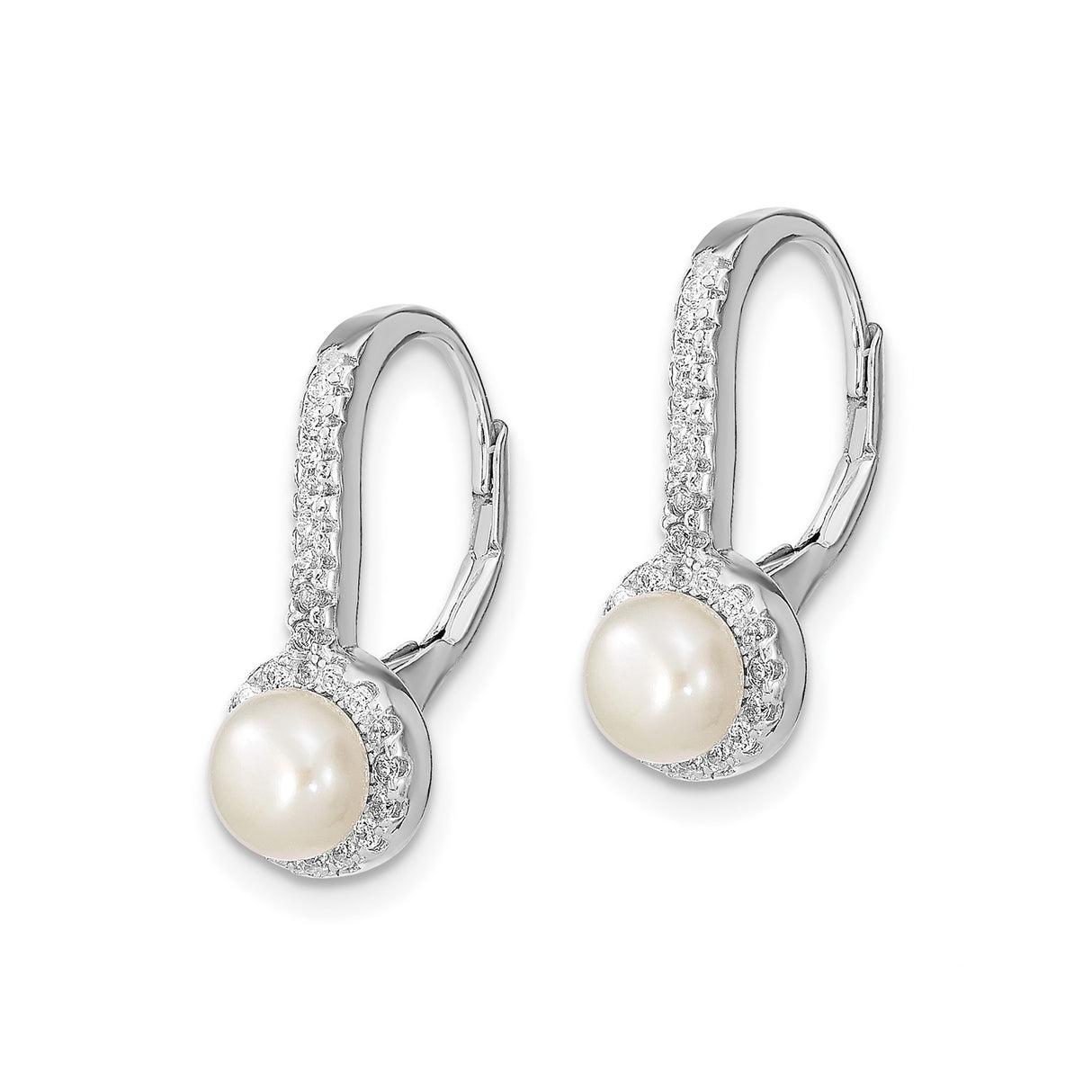 Sterling Silver Drop Earrings with White Pearls and Cubic Zirconia Halo Design