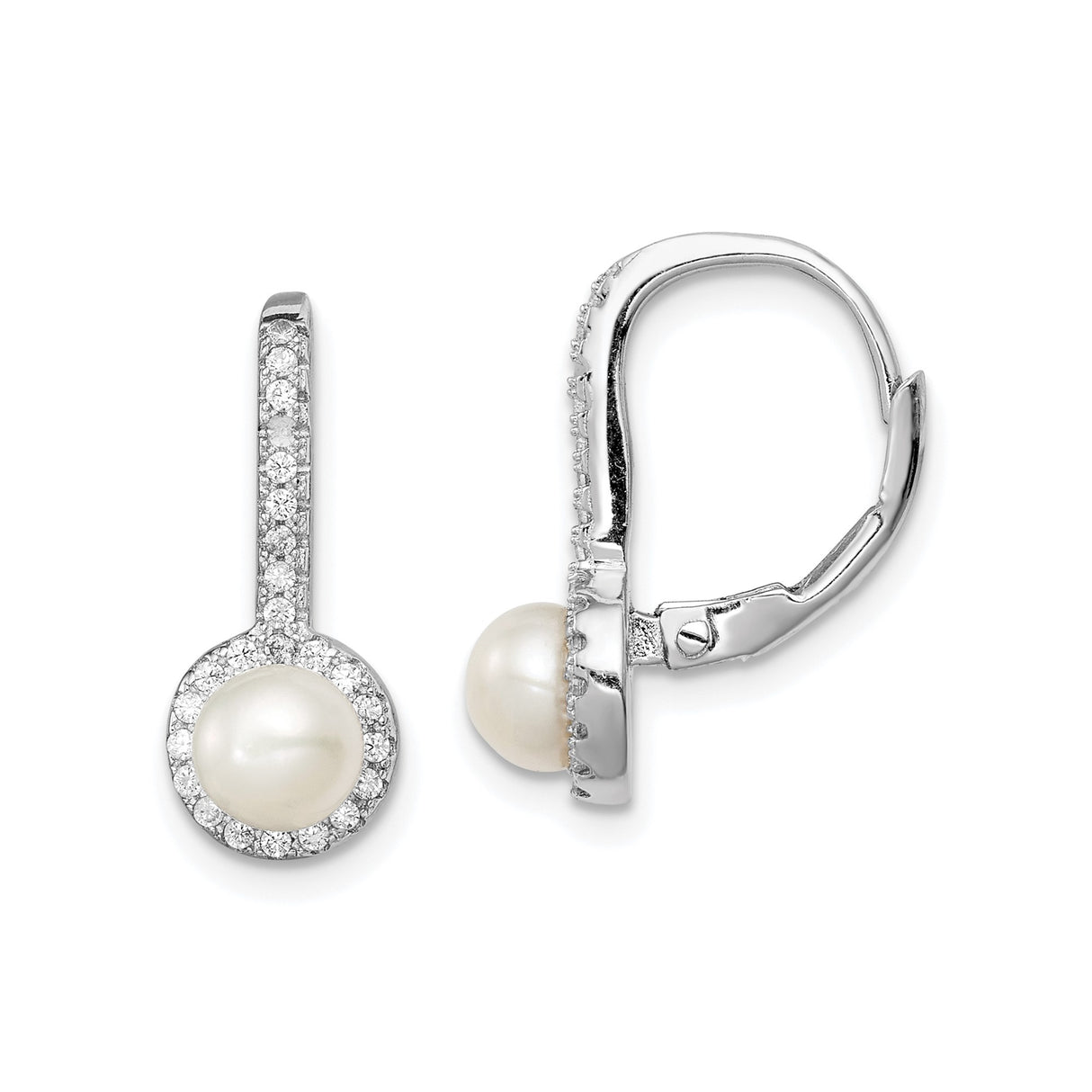 Sterling Silver Drop Earrings with White Pearls and Cubic Zirconia Halo Design