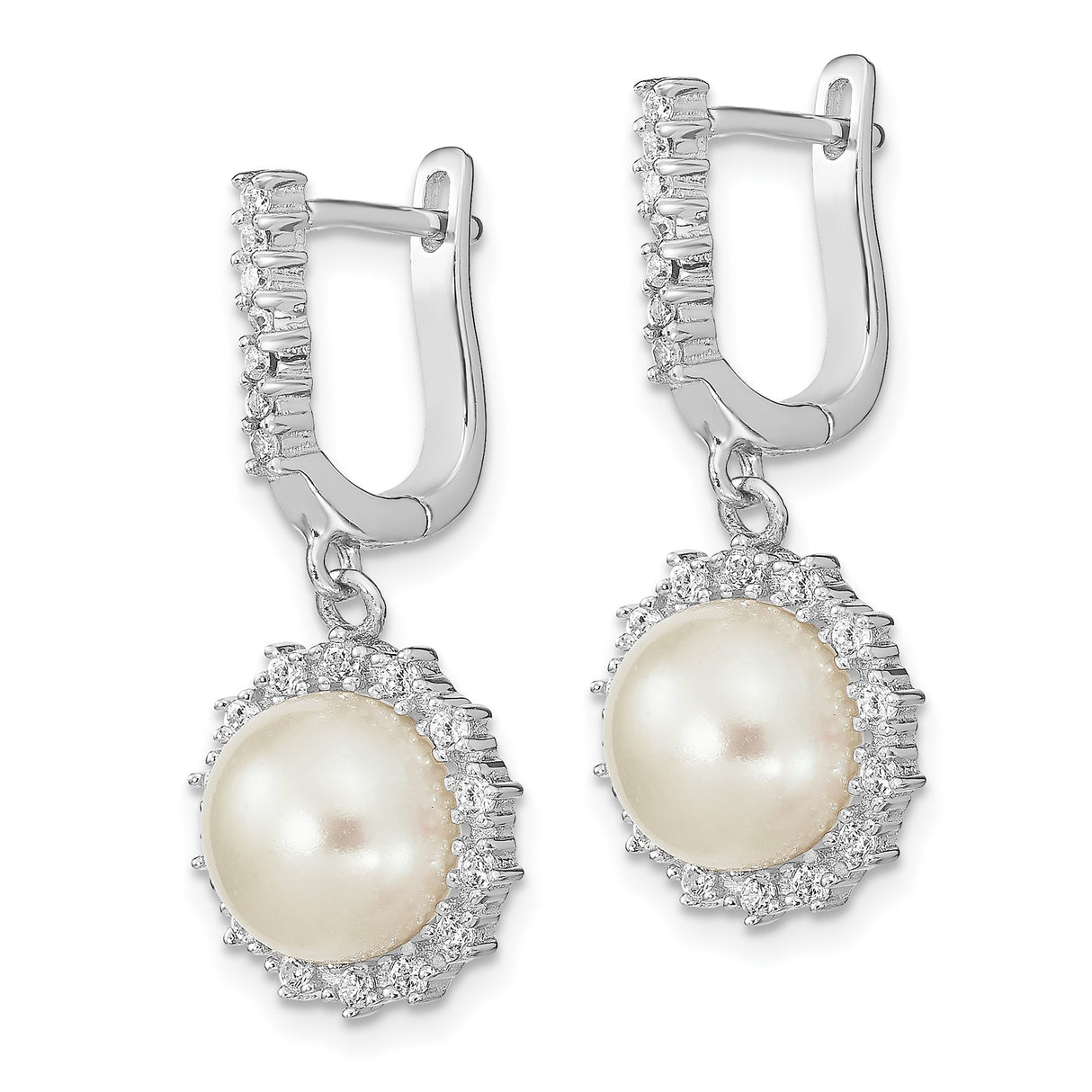 Sterling Silver Drop Earrings with Freshwater Cultured Pearl and Halo Cubic Zirconia