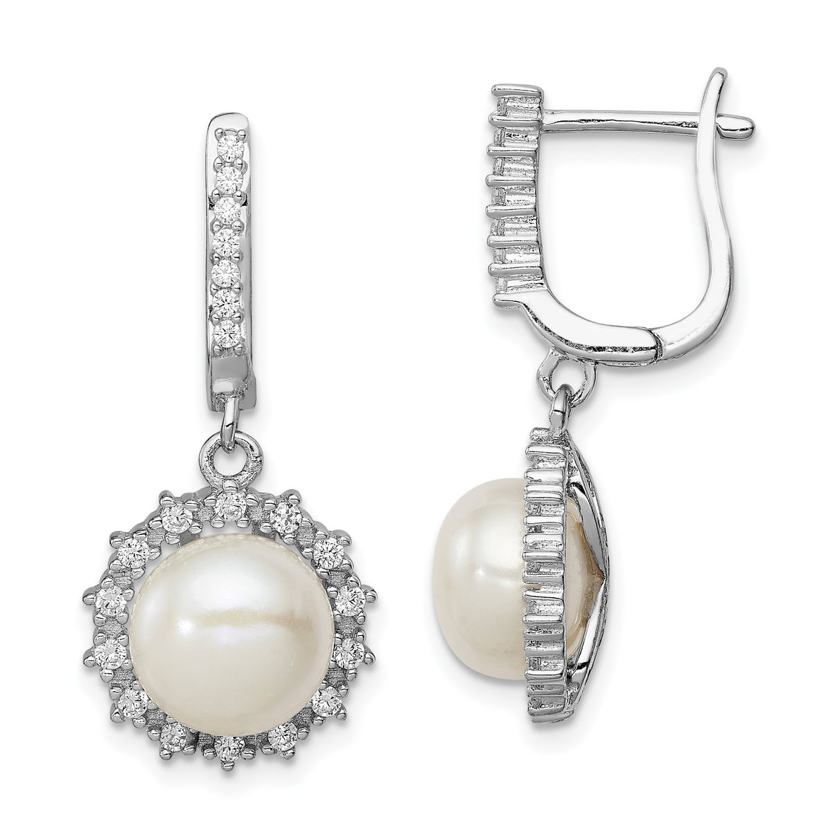 Sterling Silver Drop Earrings with Freshwater Cultured Pearl and Halo Cubic Zirconia