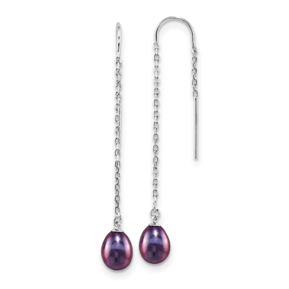 Sterling Silver Threader Earrings with Purple Freshwater Pearls, Long Chain Drop Design