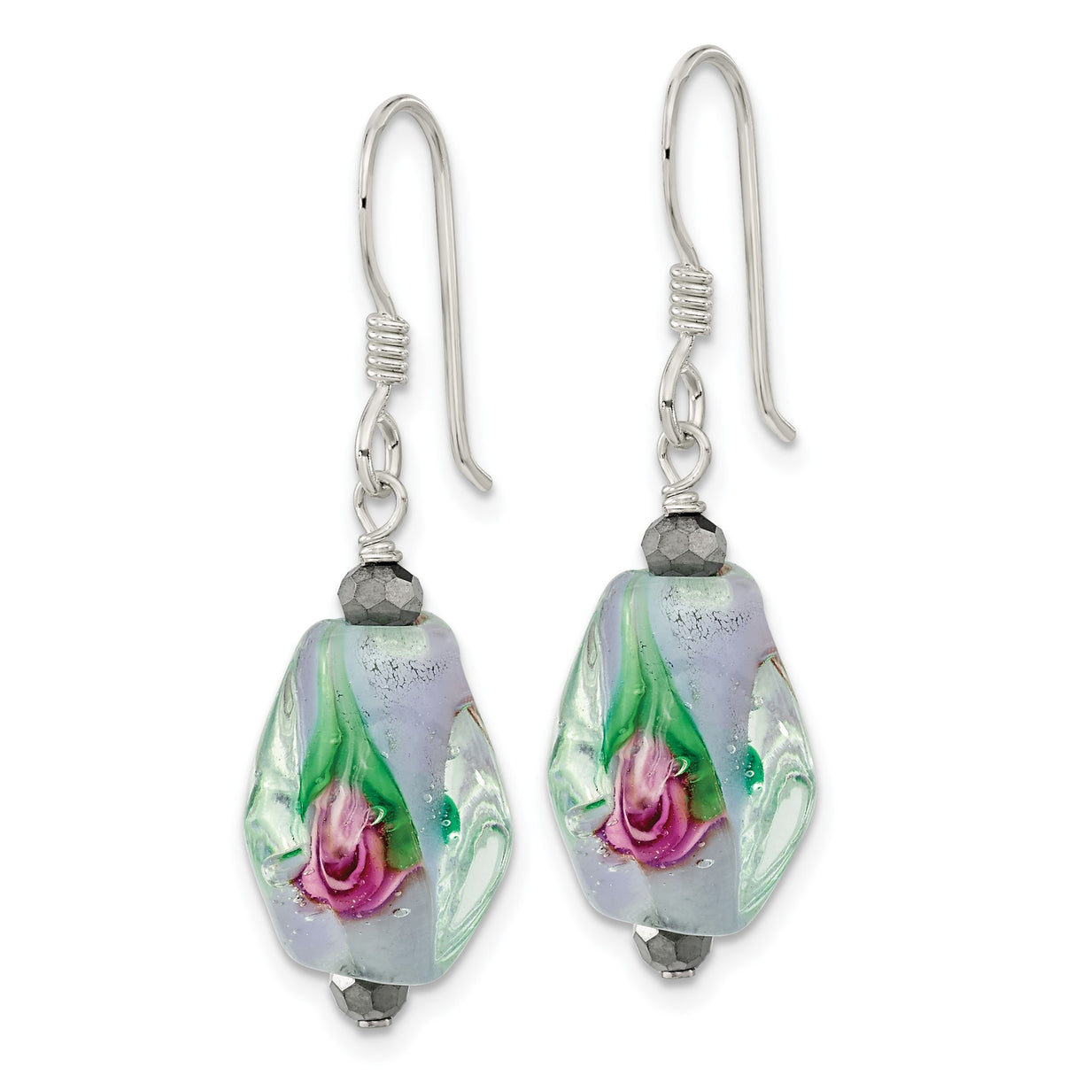 Sterling Silver Dangle Earrings with Hematite and Murano Style Glass Rose Beads, Floral Design