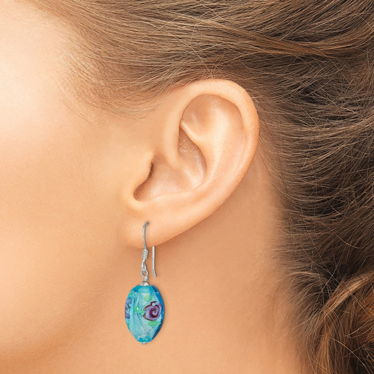 Sterling Silver Dangle Earrings with Hematite and Murano Style Glass Rose Beads, Floral Design