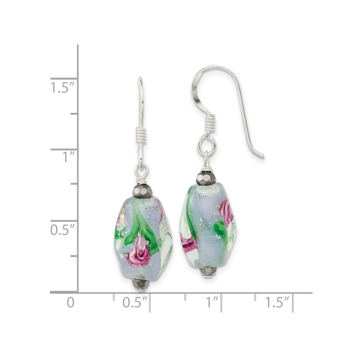 Sterling Silver Dangle Earrings with Hematite and Murano Style Glass Rose Beads, Floral Design