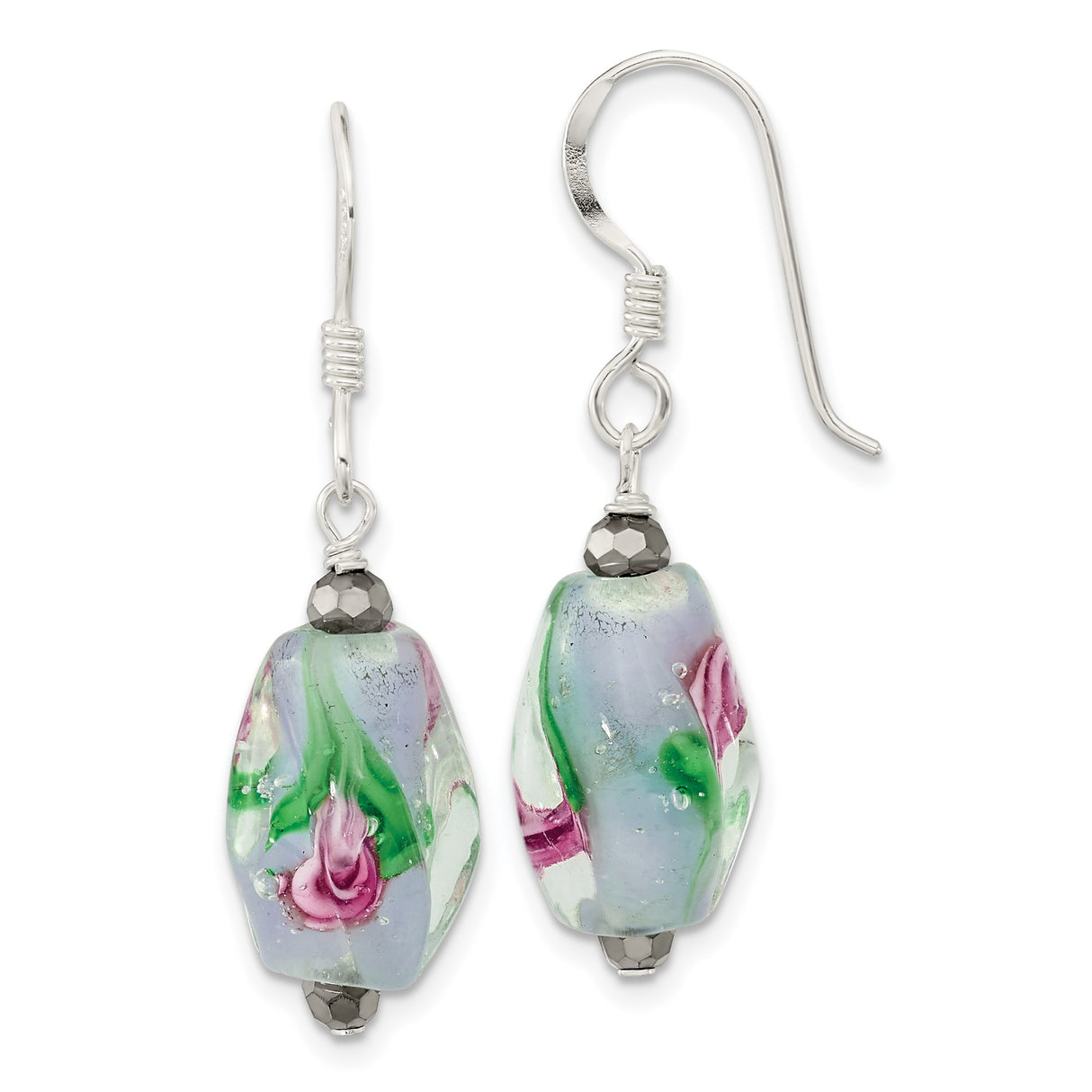 Sterling Silver Dangle Earrings with Hematite and Murano Style Glass Rose Beads, Floral Design