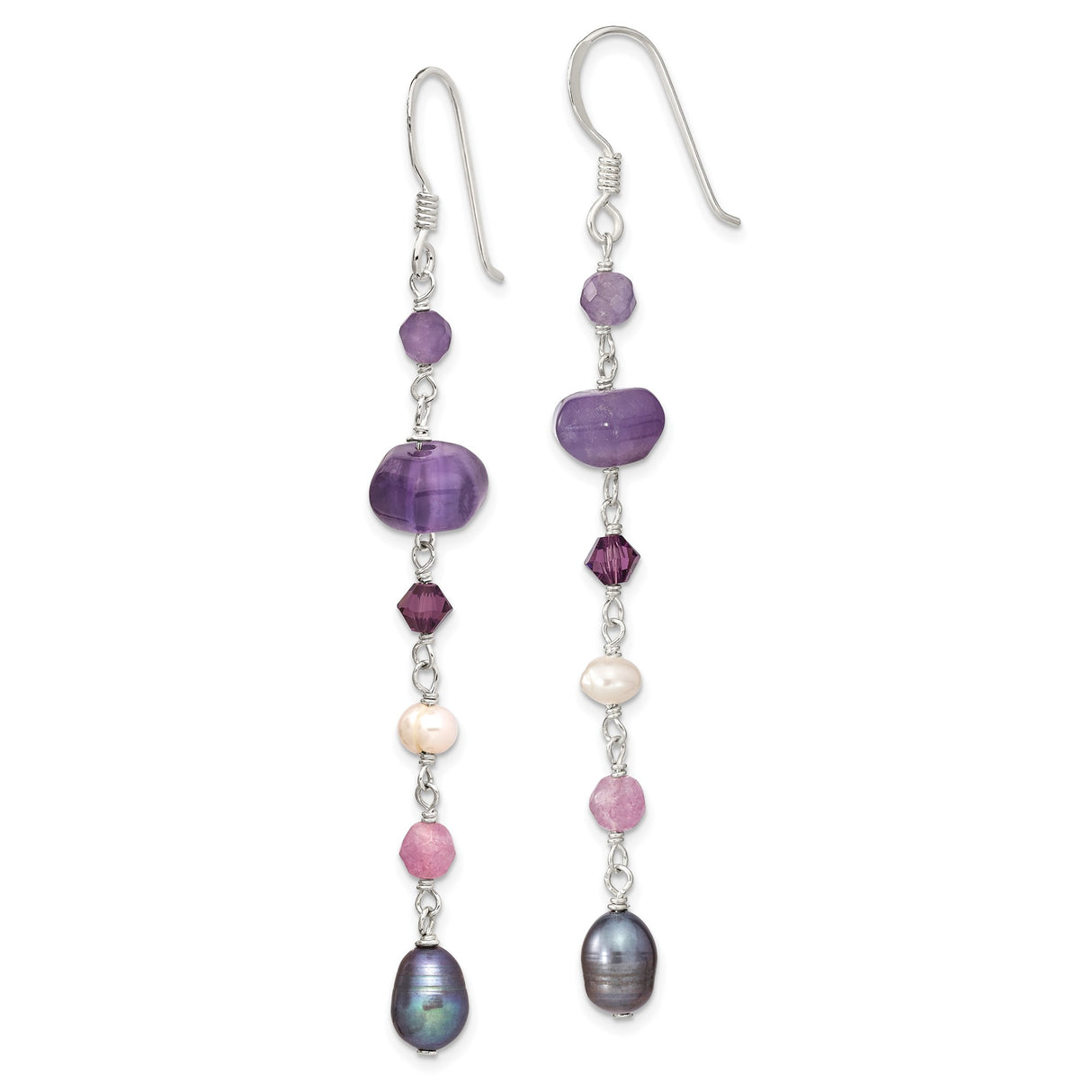 Sterling Silver Dangle Earrings with Amethyst, Garnet, Pink Quartz, and Freshwater Pearls, Boho Style