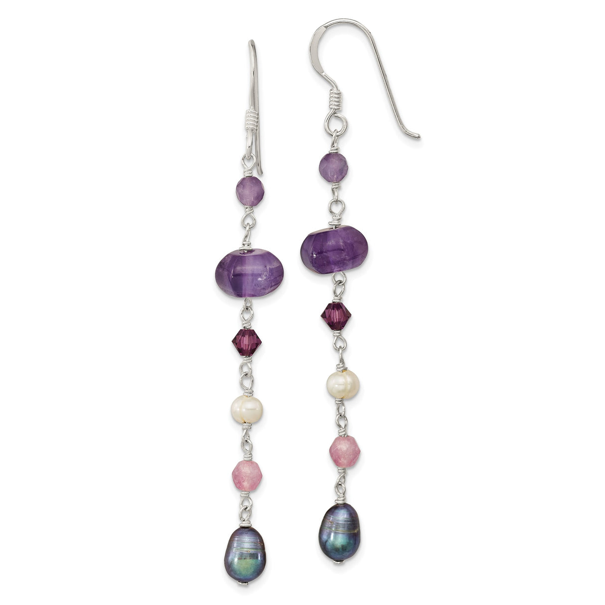 Sterling Silver Dangle Earrings with Amethyst, Garnet, Pink Quartz, and Freshwater Pearls, Boho Style