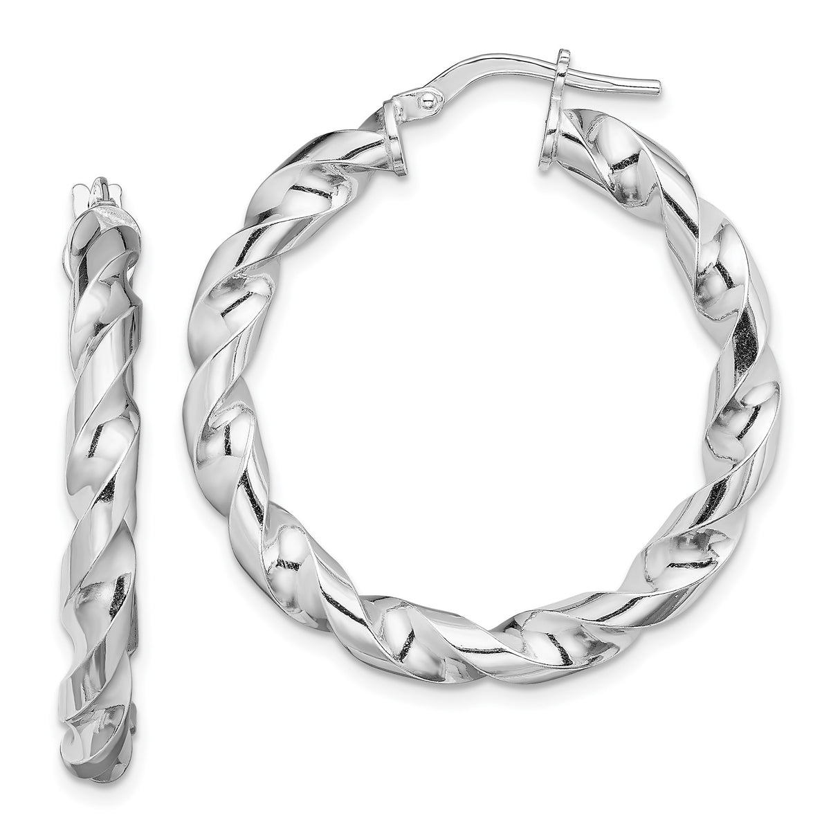 Sterling Silver Twisted Hoop Earrings, Rhodium Plated Braided Design for Women
