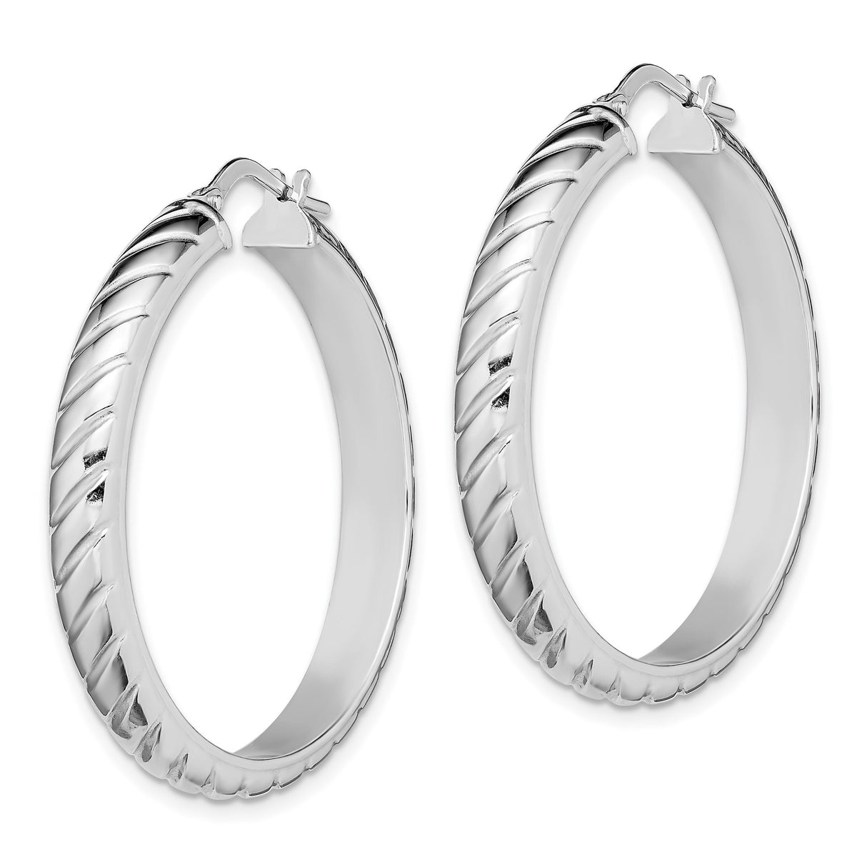 Sterling Silver Hoop Earrings with Twisted Diagonal Groove Design, Lightweight Polished Finish