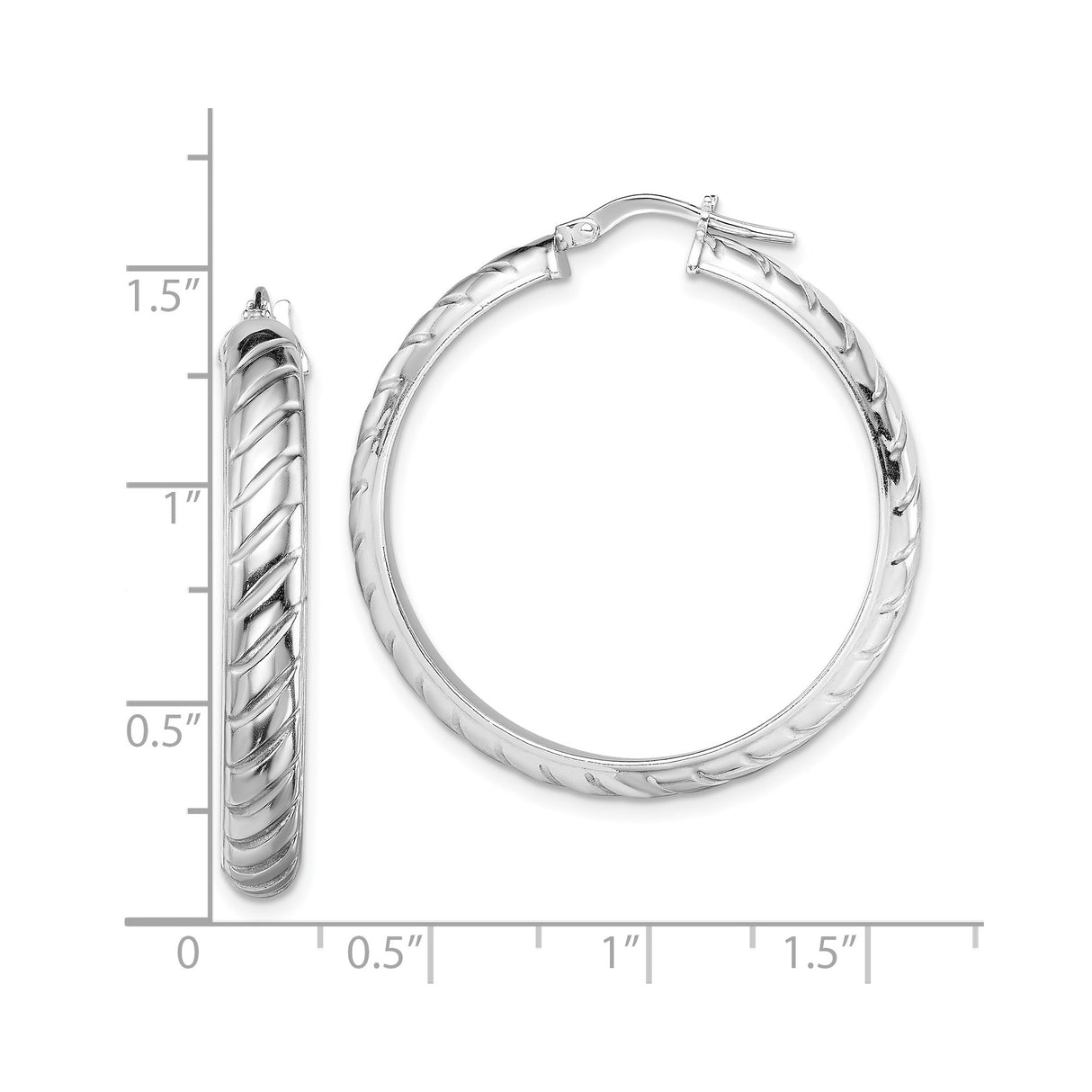 Sterling Silver Hoop Earrings with Twisted Diagonal Groove Design, Lightweight Polished Finish