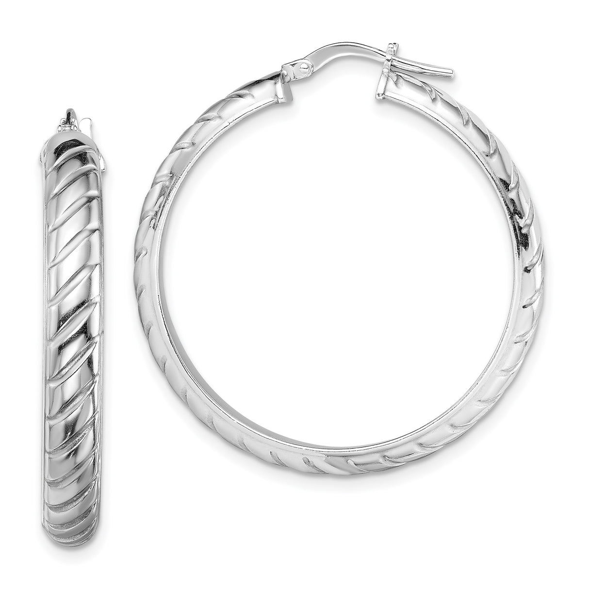 Sterling Silver Hoop Earrings with Twisted Diagonal Groove Design, Lightweight Polished Finish