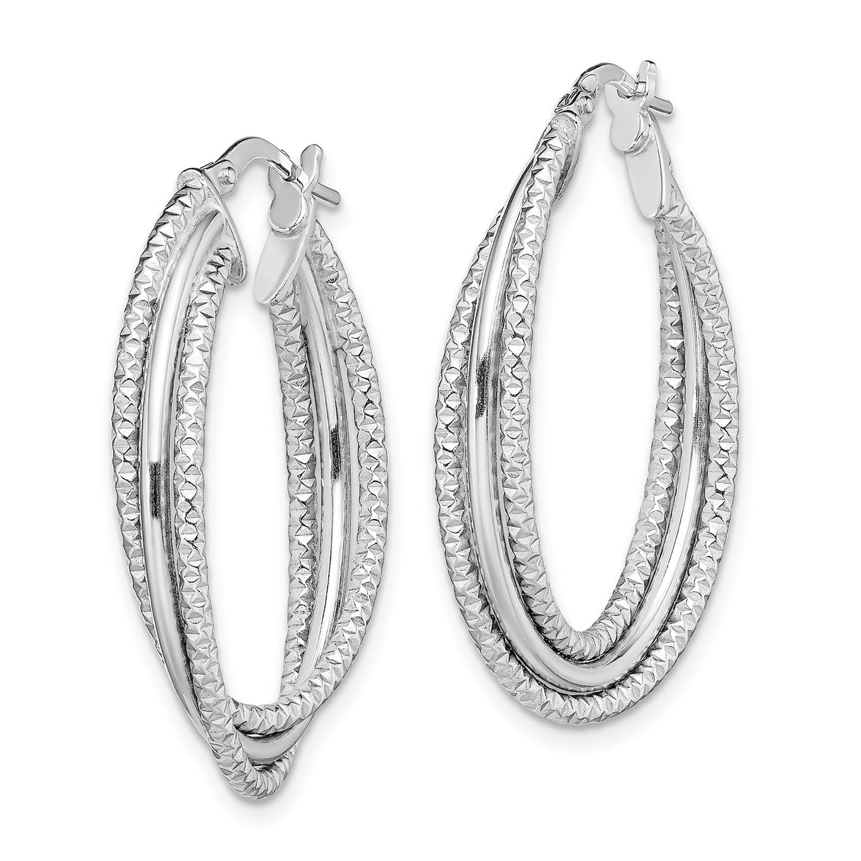 Sterling Silver Layered Oval Hoop Earrings with Textured and Diamond Cut Detailing