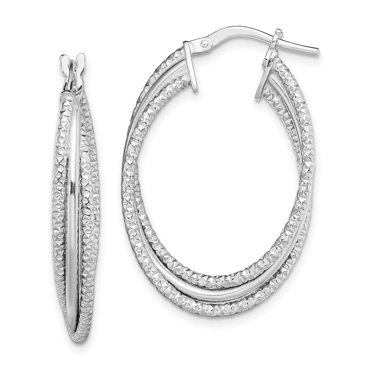 Sterling Silver Layered Oval Hoop Earrings with Textured and Diamond Cut Detailing