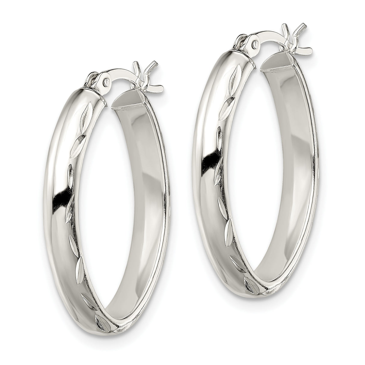 Sterling Silver Oval Hoop Earrings with Polished Finish and Leaf Pattern