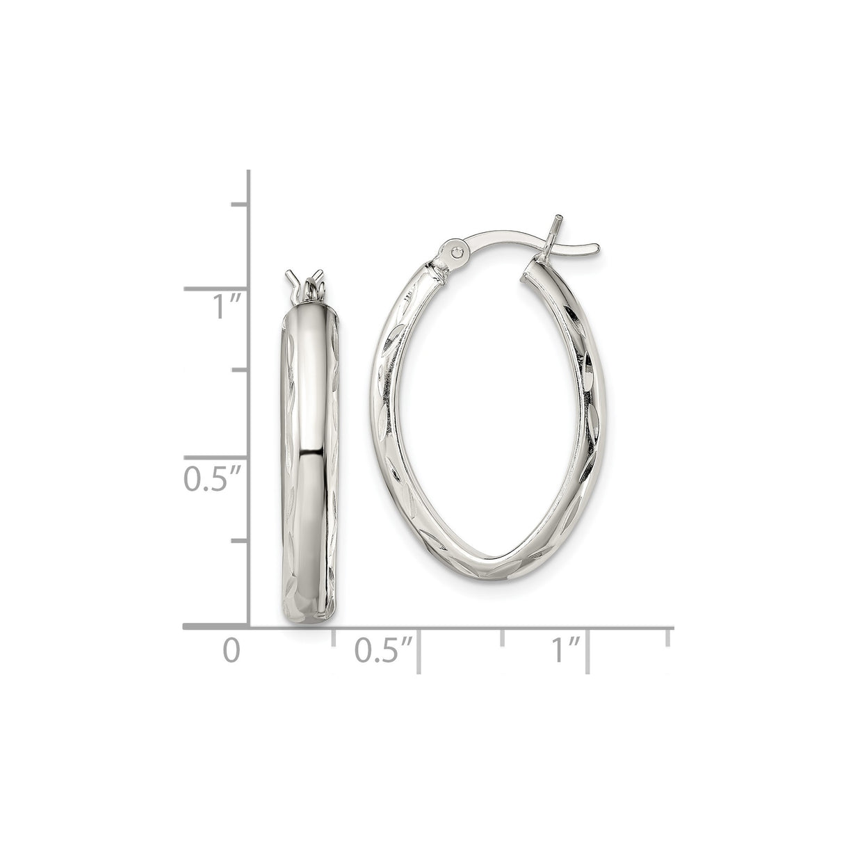 Sterling Silver Oval Hoop Earrings with Polished Finish and Leaf Pattern