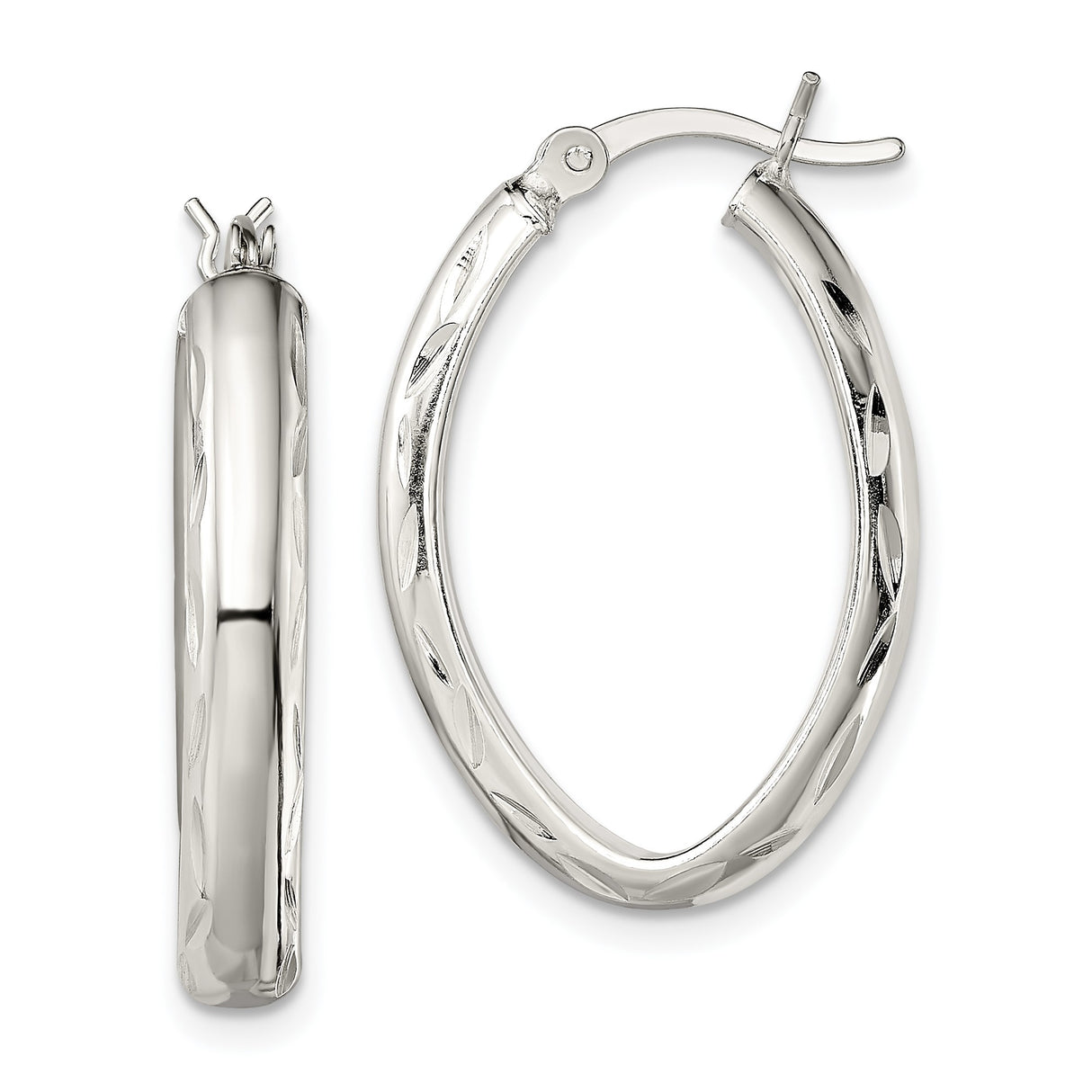 Sterling Silver Oval Hoop Earrings with Polished Finish and Leaf Pattern