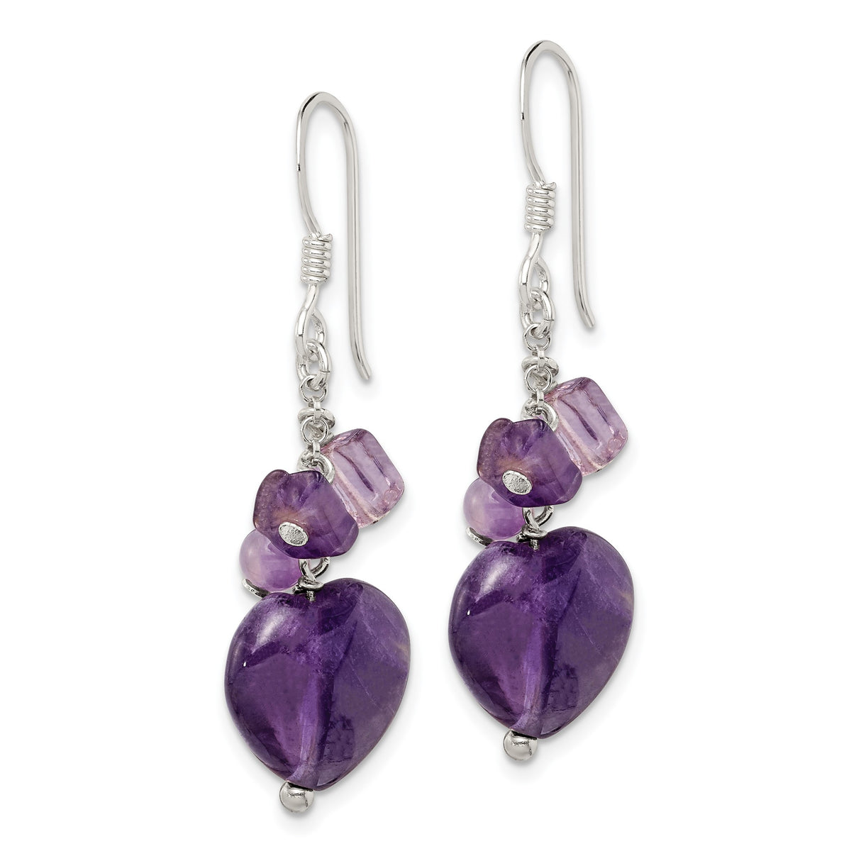 Sterling Silver Heart Dangle Earrings with Amethyst Gemstones, Boho Romantic Design for Women