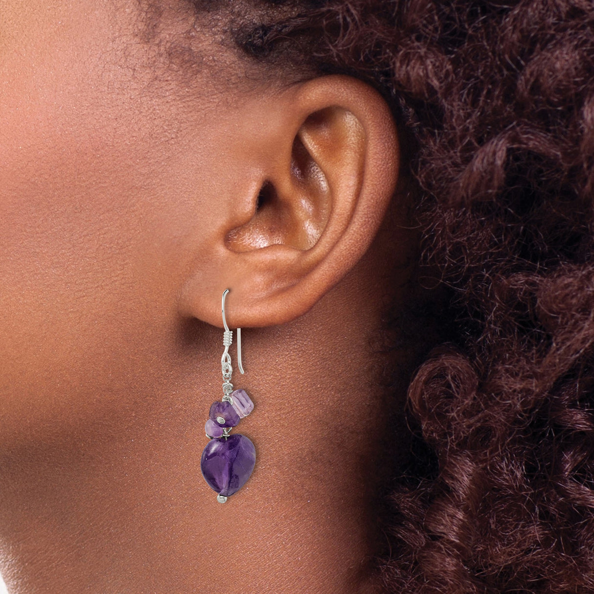 Sterling Silver Heart Dangle Earrings with Amethyst Gemstones, Boho Romantic Design for Women