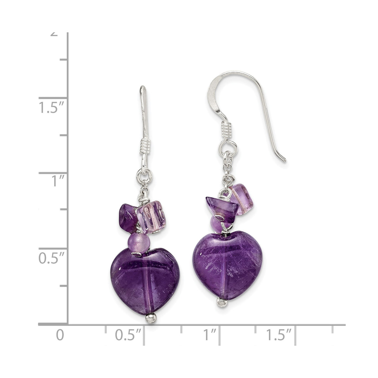 Sterling Silver Heart Dangle Earrings with Amethyst Gemstones, Boho Romantic Design for Women