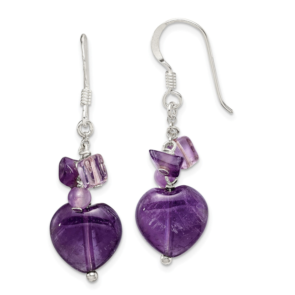 Sterling Silver Heart Dangle Earrings with Amethyst Gemstones, Boho Romantic Design for Women