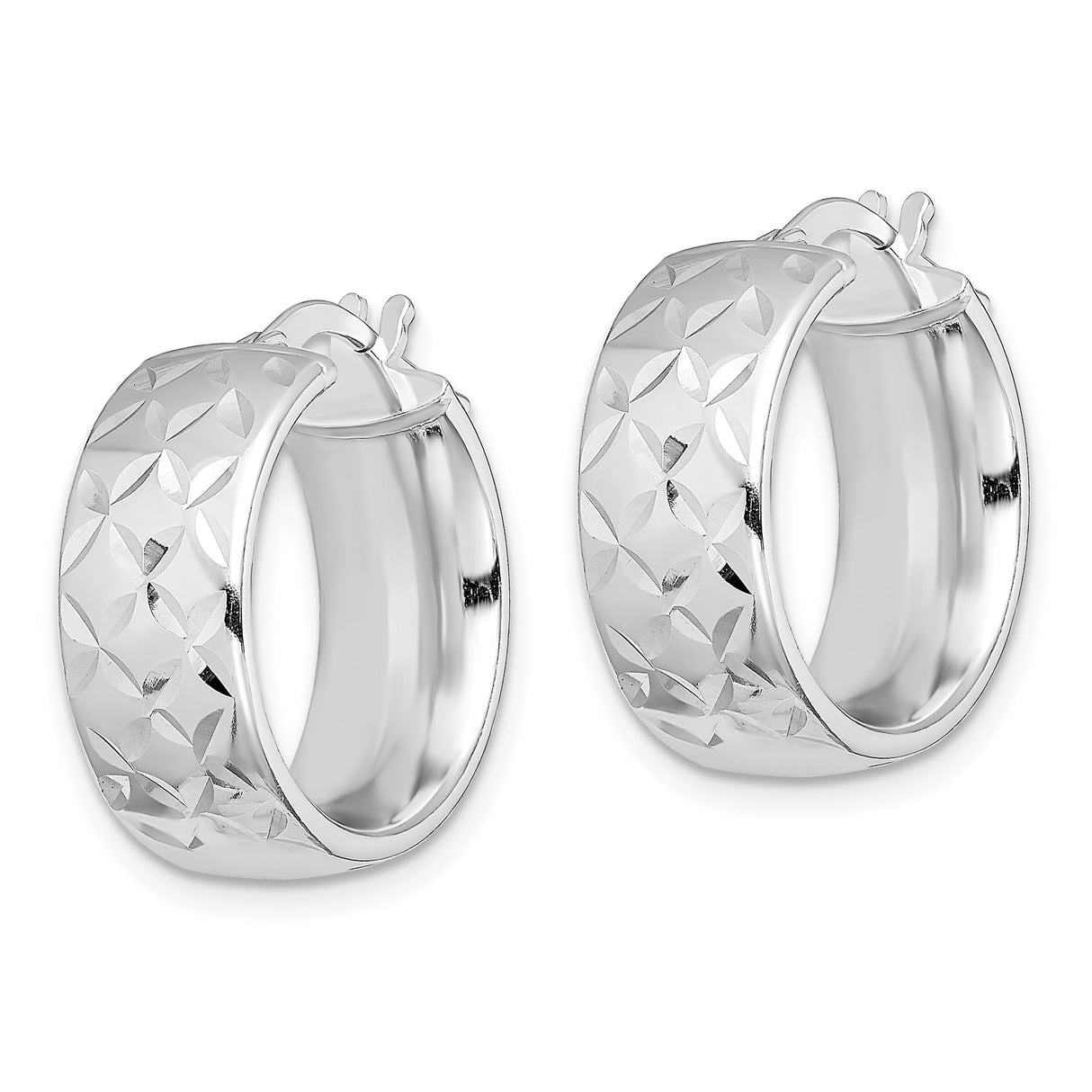 Sterling Silver Hoop Earrings with Diamond Cut Floral Pattern and Textured Geometric Design