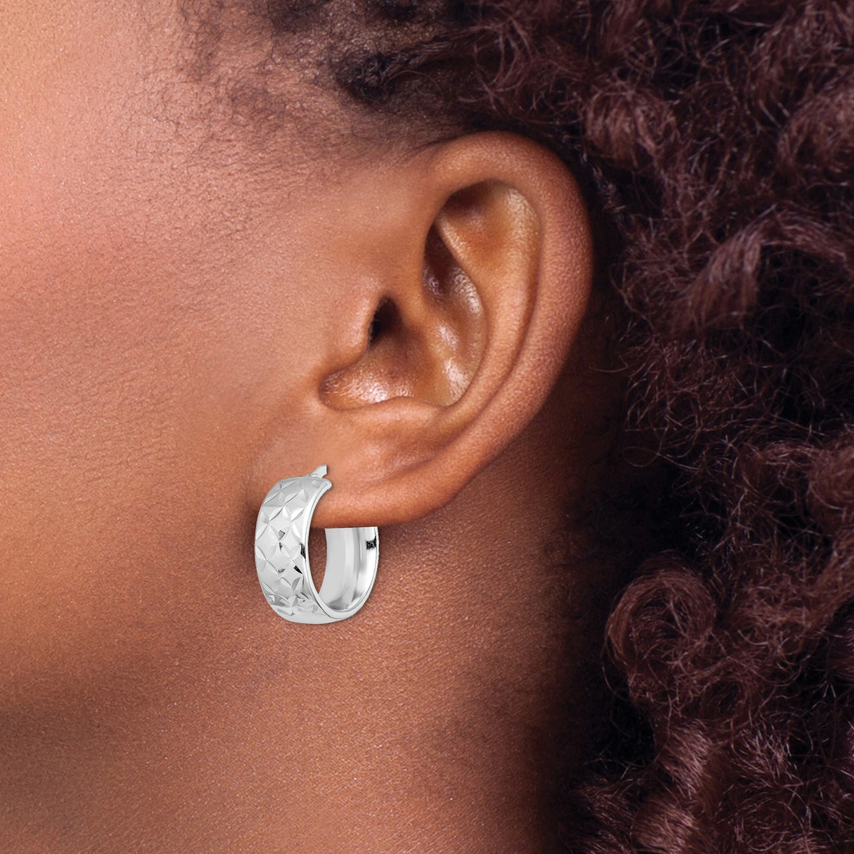 Sterling Silver Hoop Earrings with Diamond Cut Floral Pattern and Textured Geometric Design