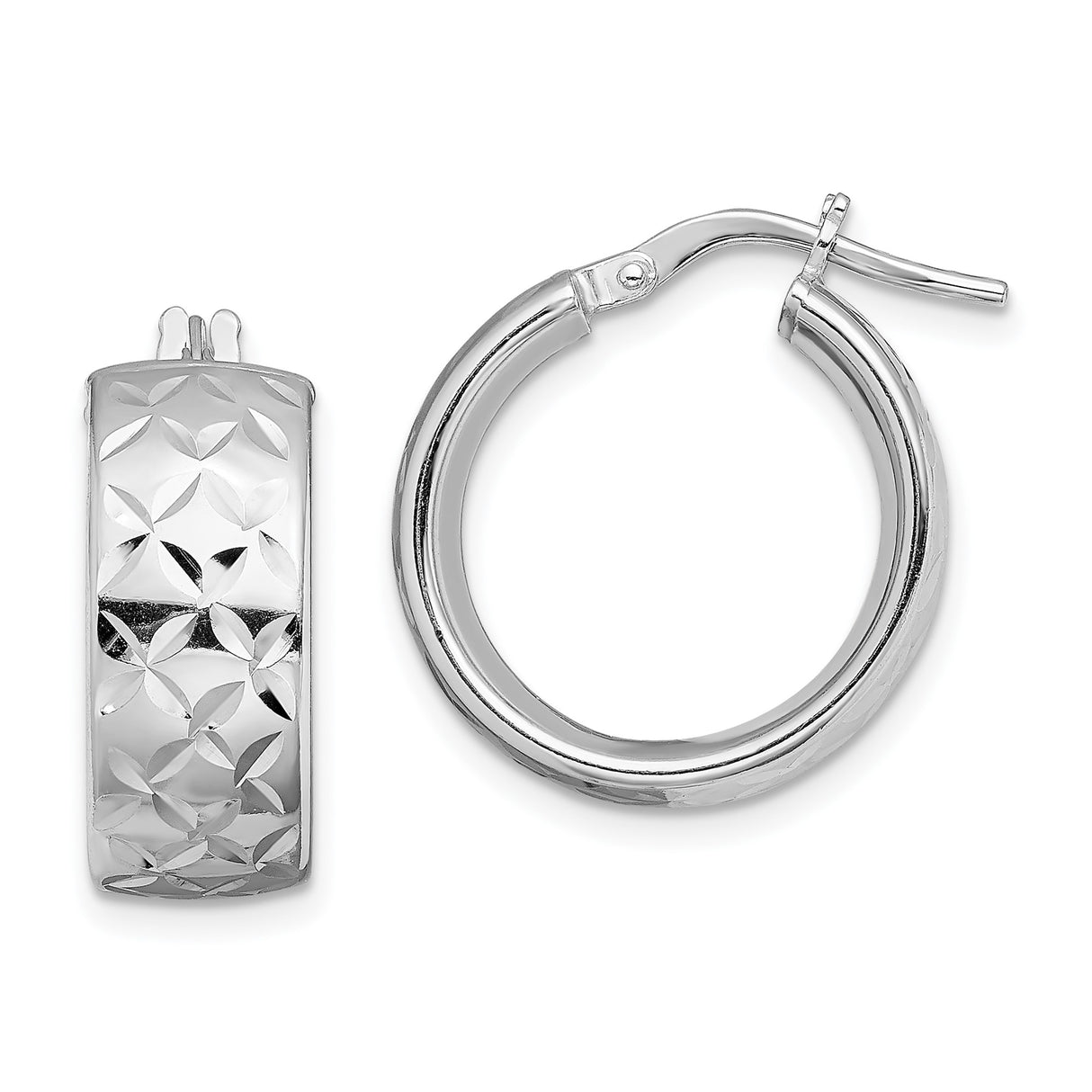 Sterling Silver Hoop Earrings with Diamond Cut Floral Pattern and Textured Geometric Design