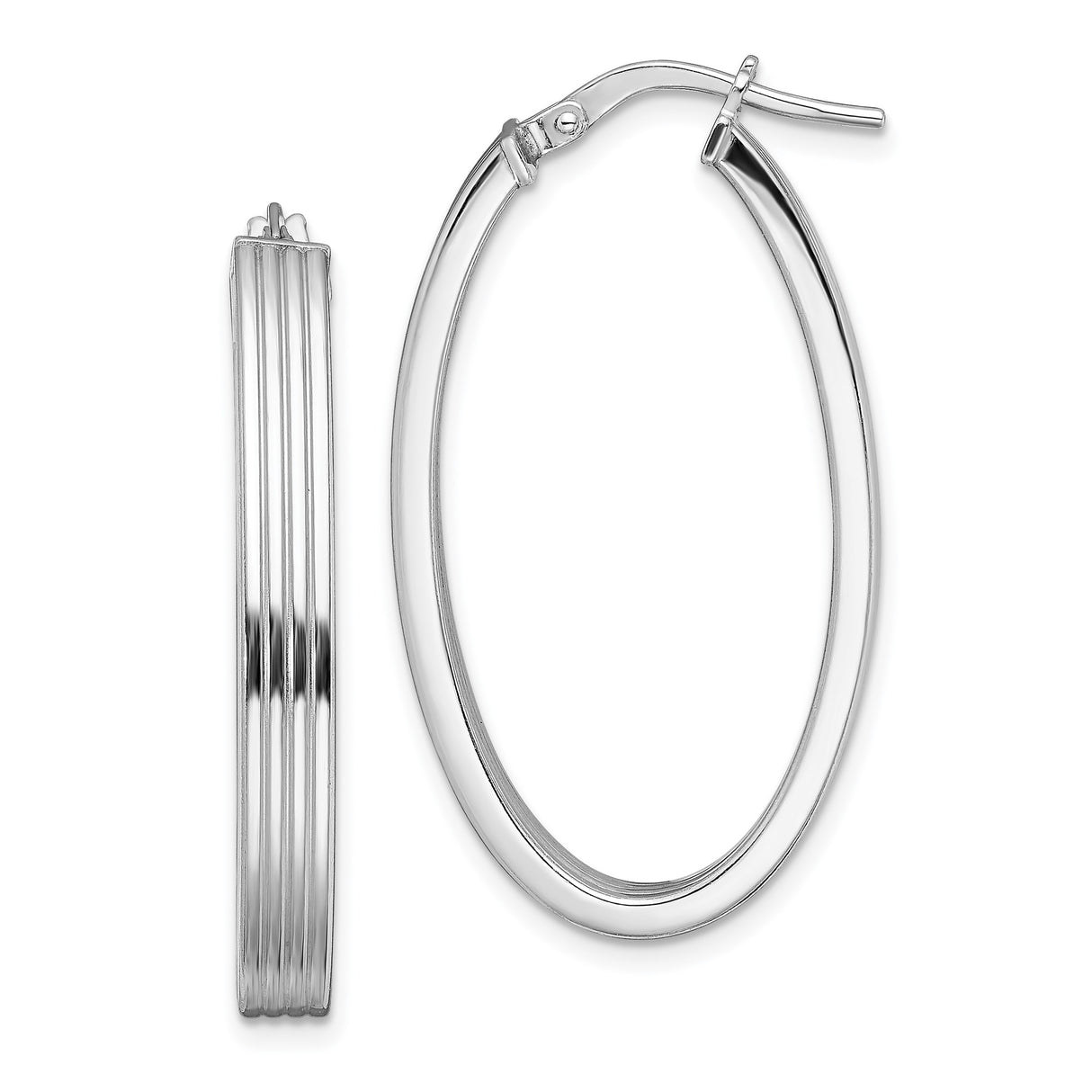 Sterling Silver Oval Hoop Earrings with Sleek Ribbed Texture, Lightweight Modern Design for Women