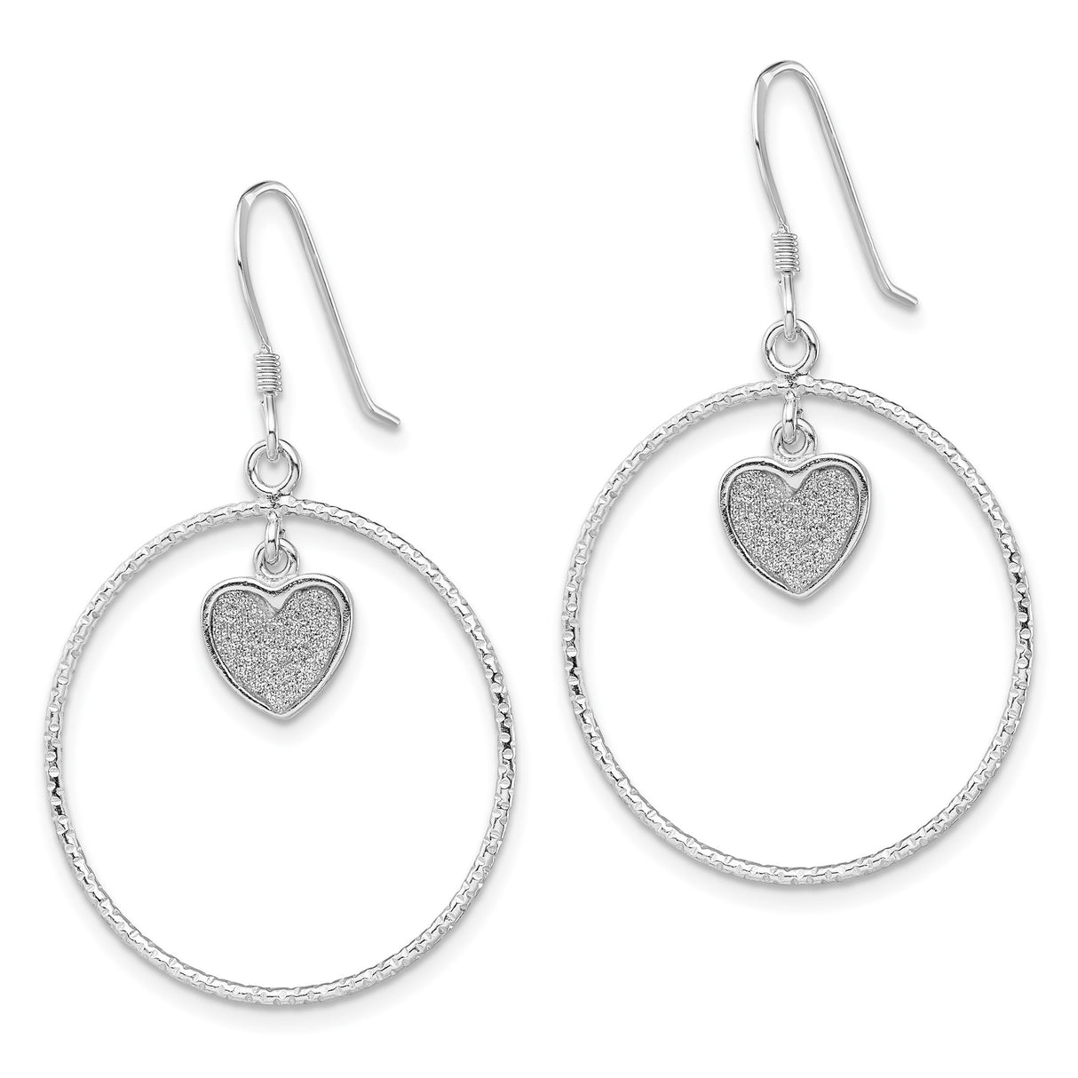 Sterling Silver Dangle Earrings with Textured Open Hoops and Glitter Heart Charm