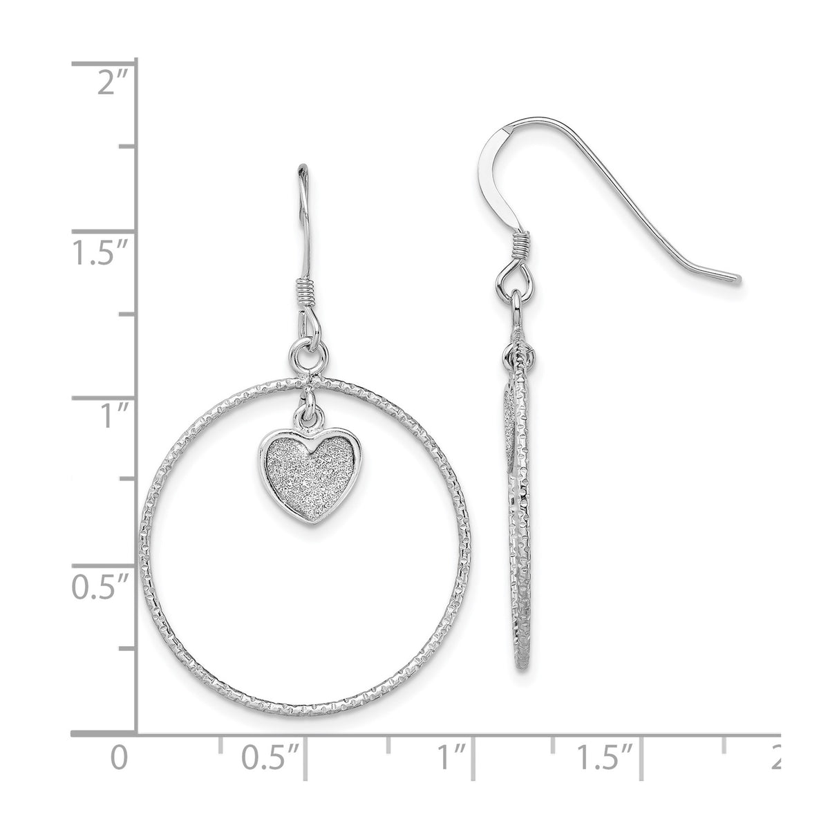 Sterling Silver Dangle Earrings with Textured Open Hoops and Glitter Heart Charm