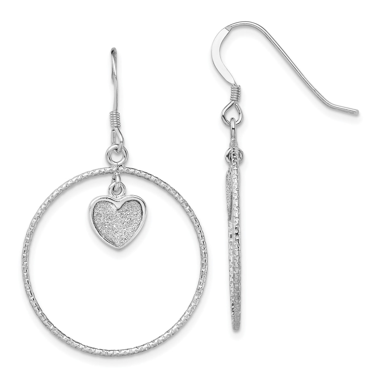 Sterling Silver Dangle Earrings with Textured Open Hoops and Glitter Heart Charm