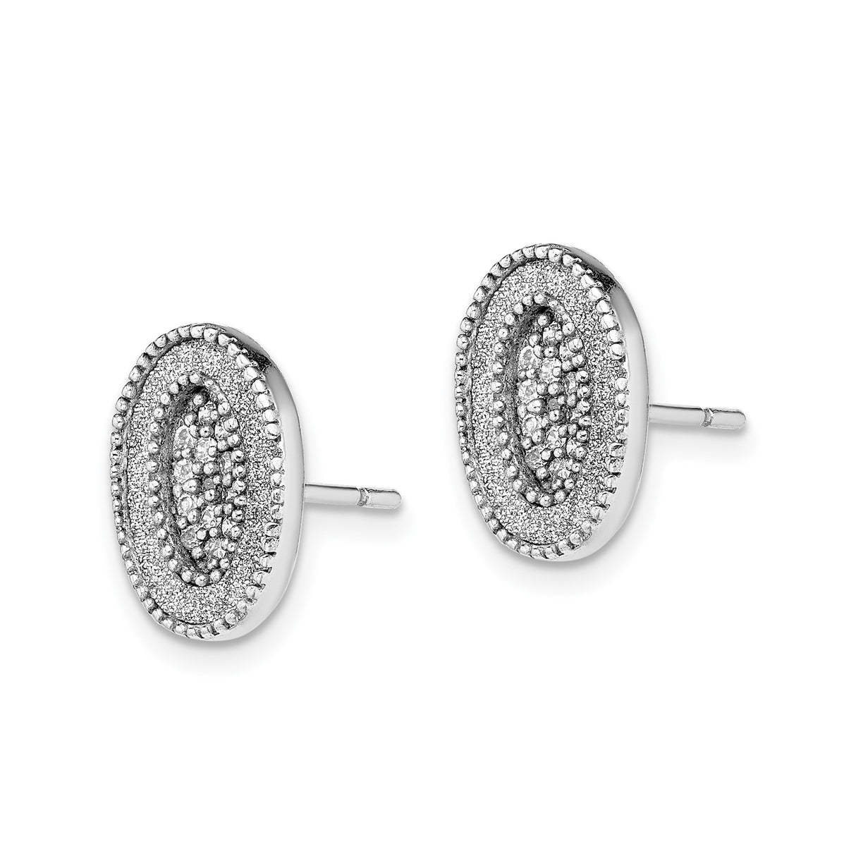 Sterling Silver Oval Stud Earrings with Cluster Cubic Zirconia, Vintage Textured Design
