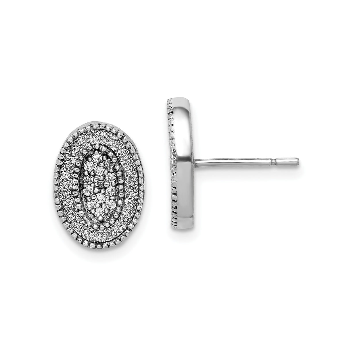 Sterling Silver Oval Stud Earrings with Cluster Cubic Zirconia, Vintage Textured Design